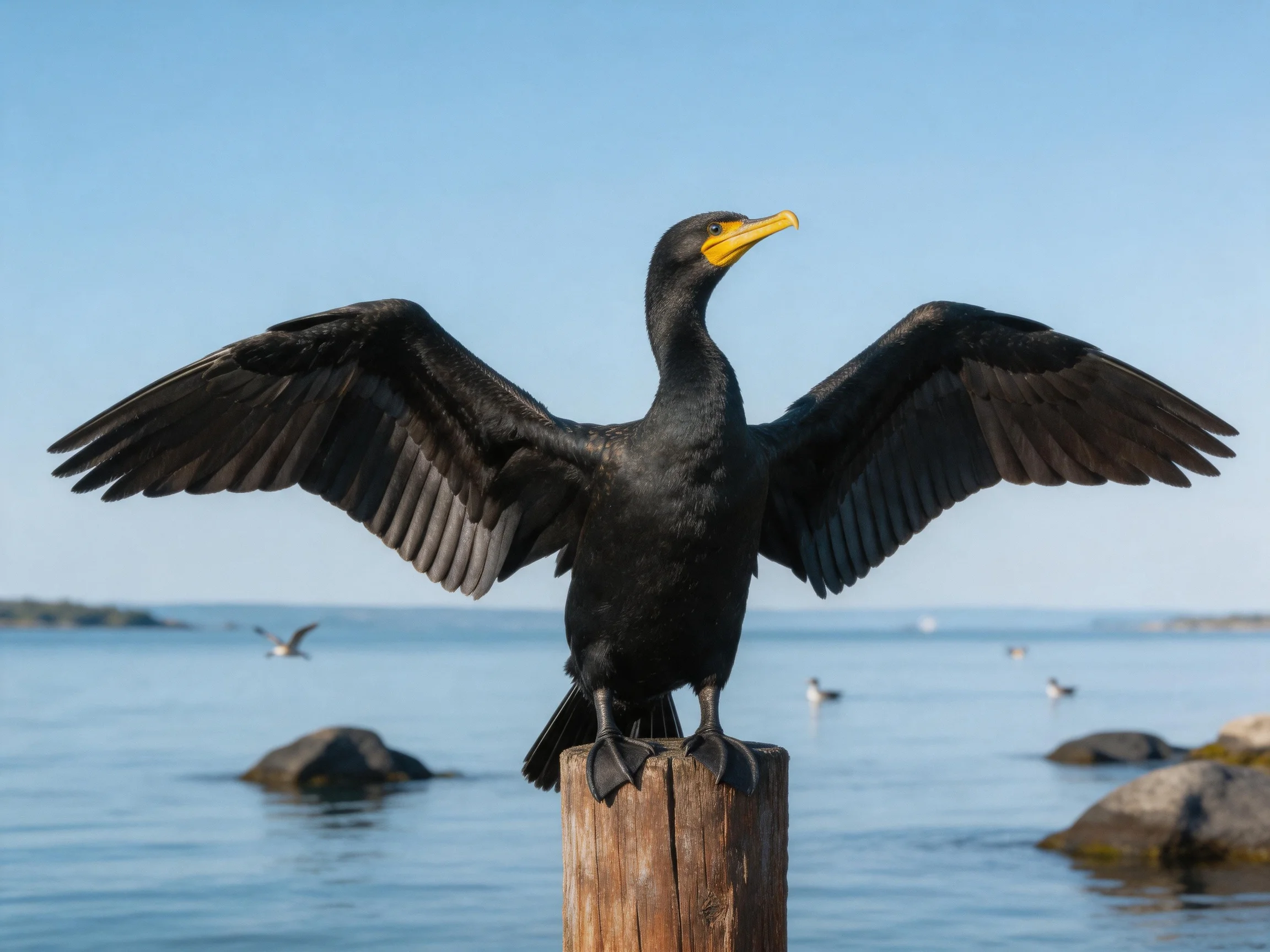 A black cormorant spreading wings on a wooden post by calm waters