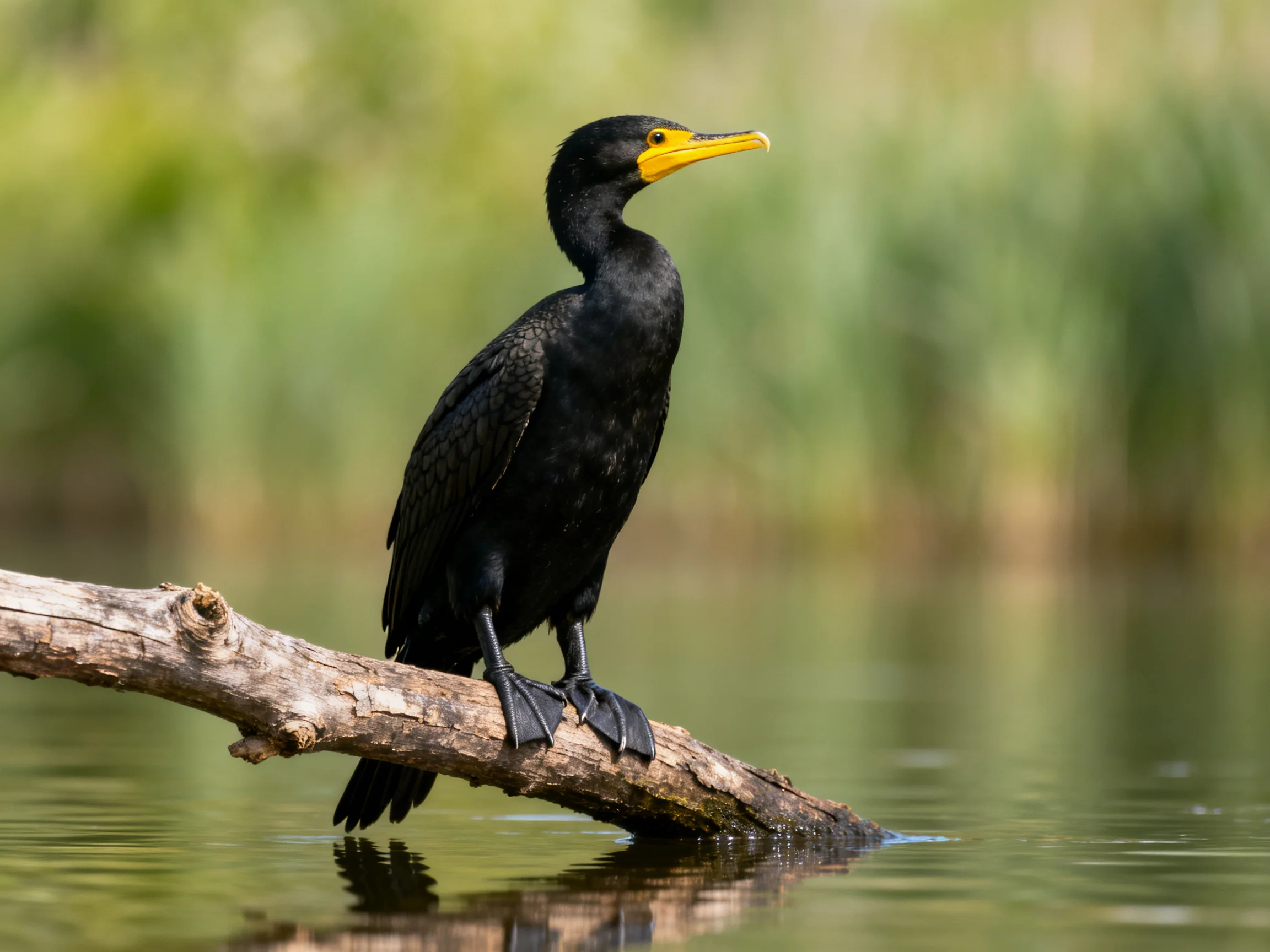 A black cormorant with yellow beak perched on a branch over calm water