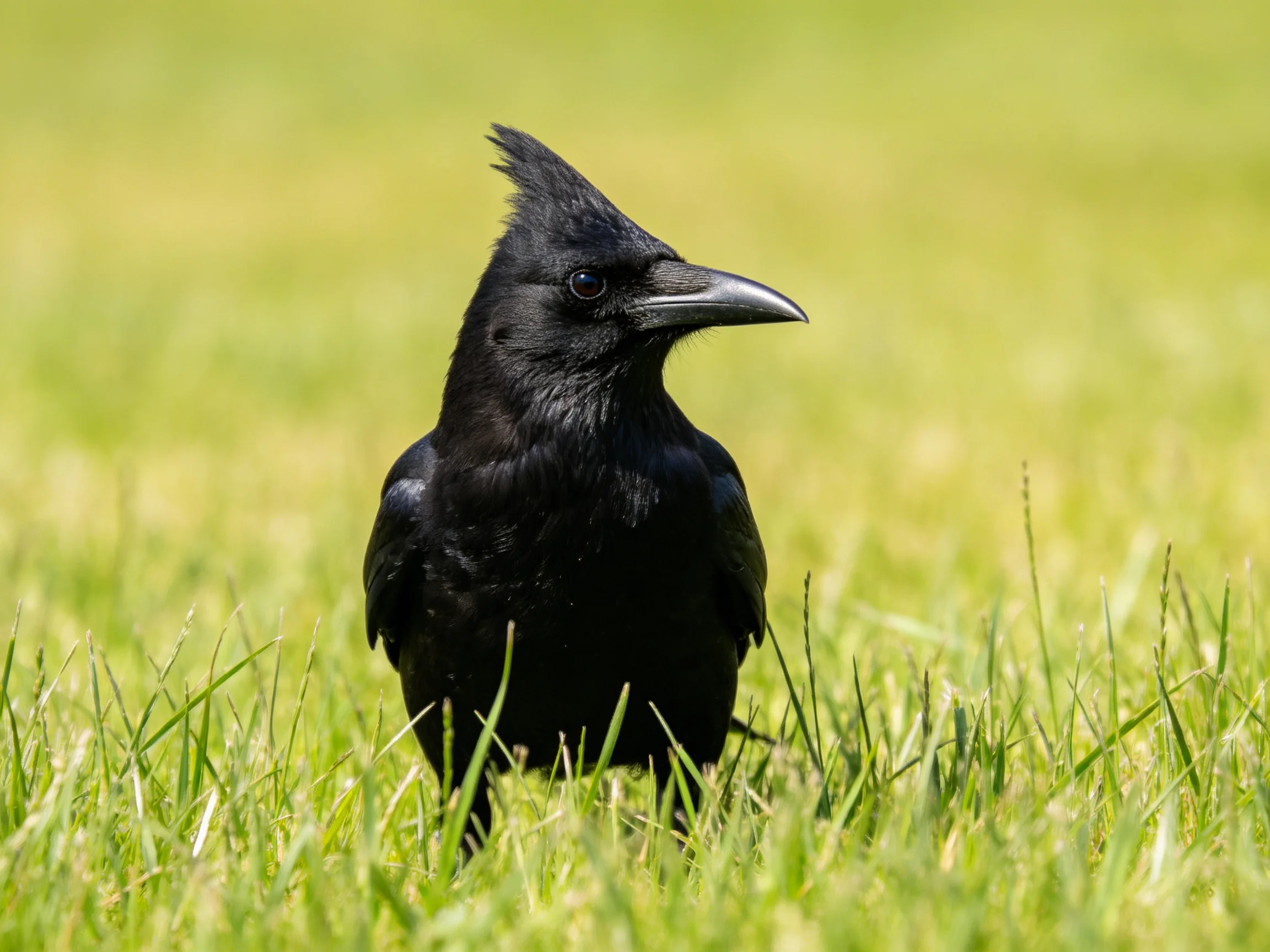 A black crested bird stands in verdant grass