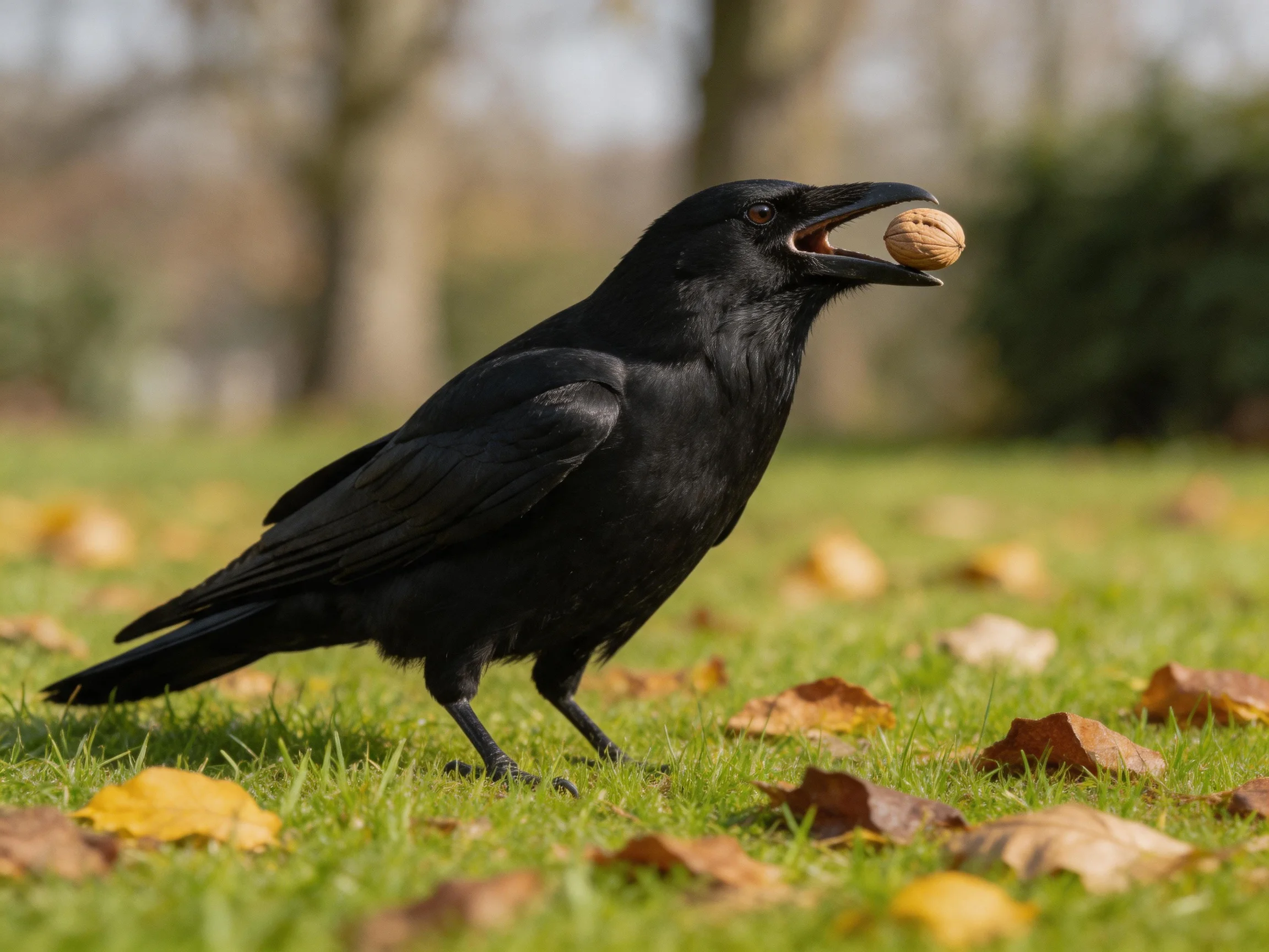 A black crow carries a walnut on leaf-covered grass