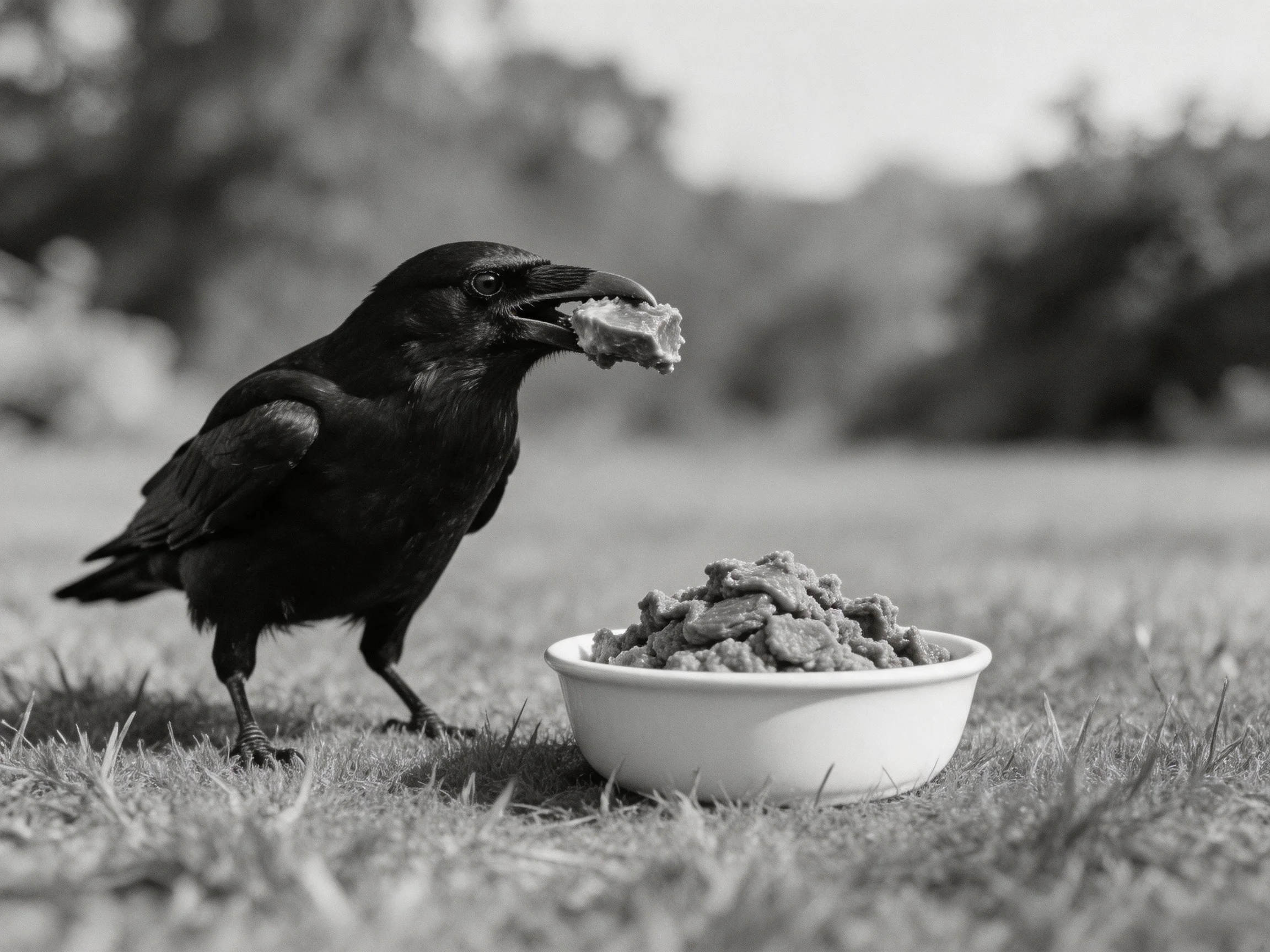 A black crow carrying food near a bowl of snacks on grass