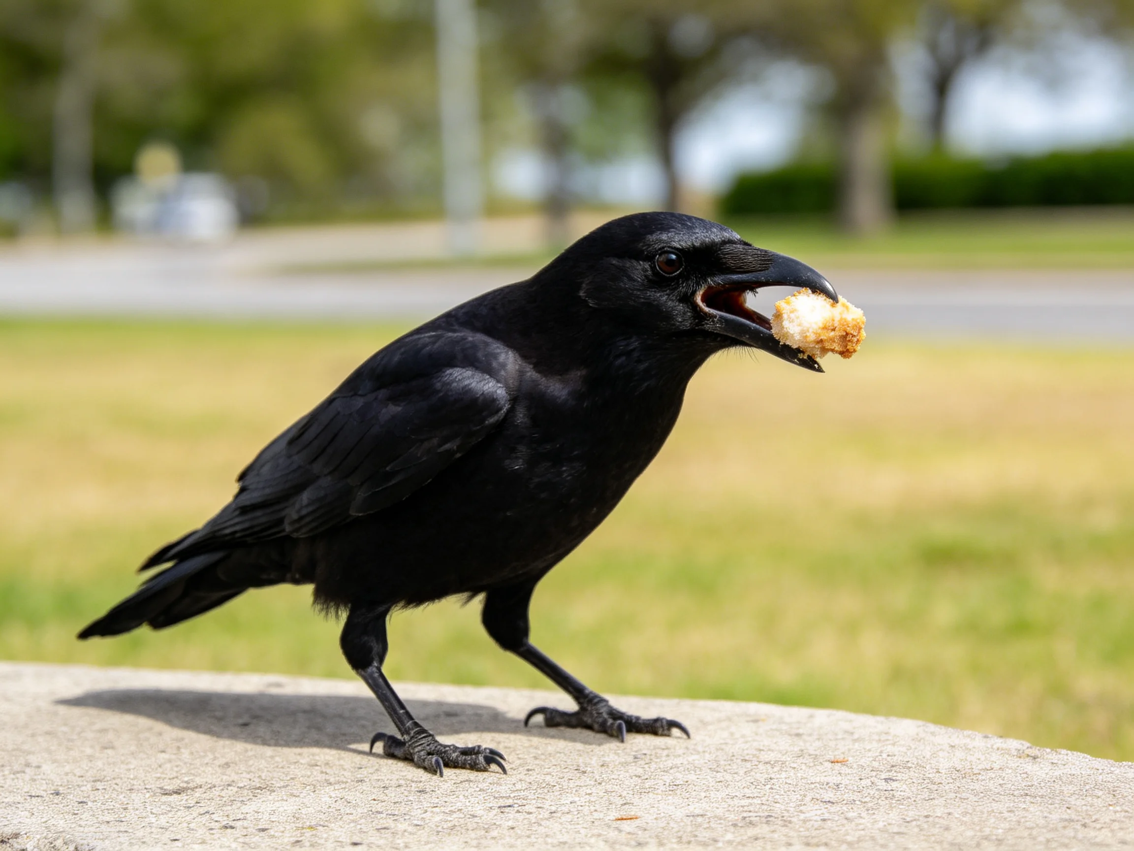 A black crow carrying food on a concrete ledge