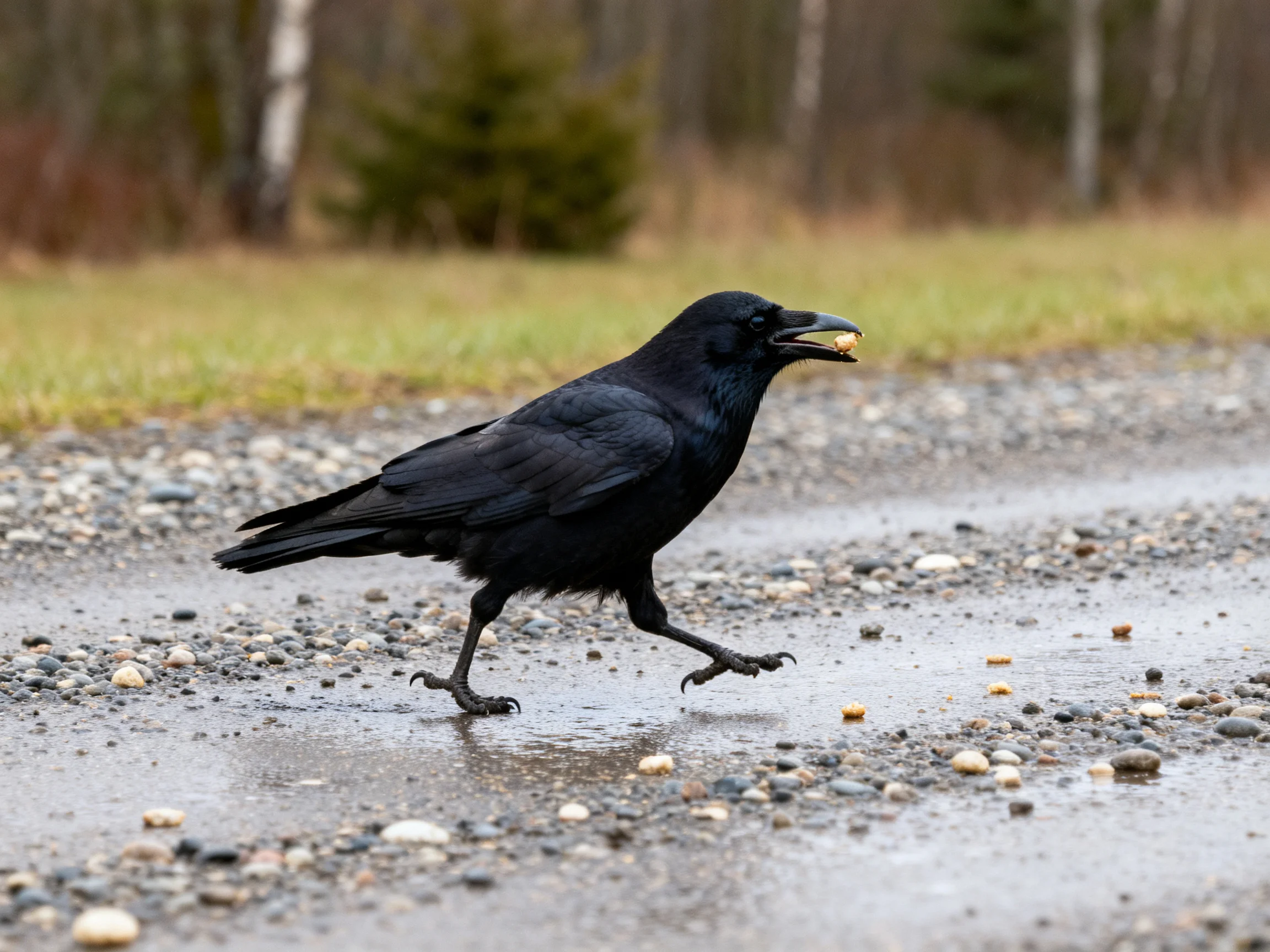 A black crow carrying food walks on a gravel path near trees