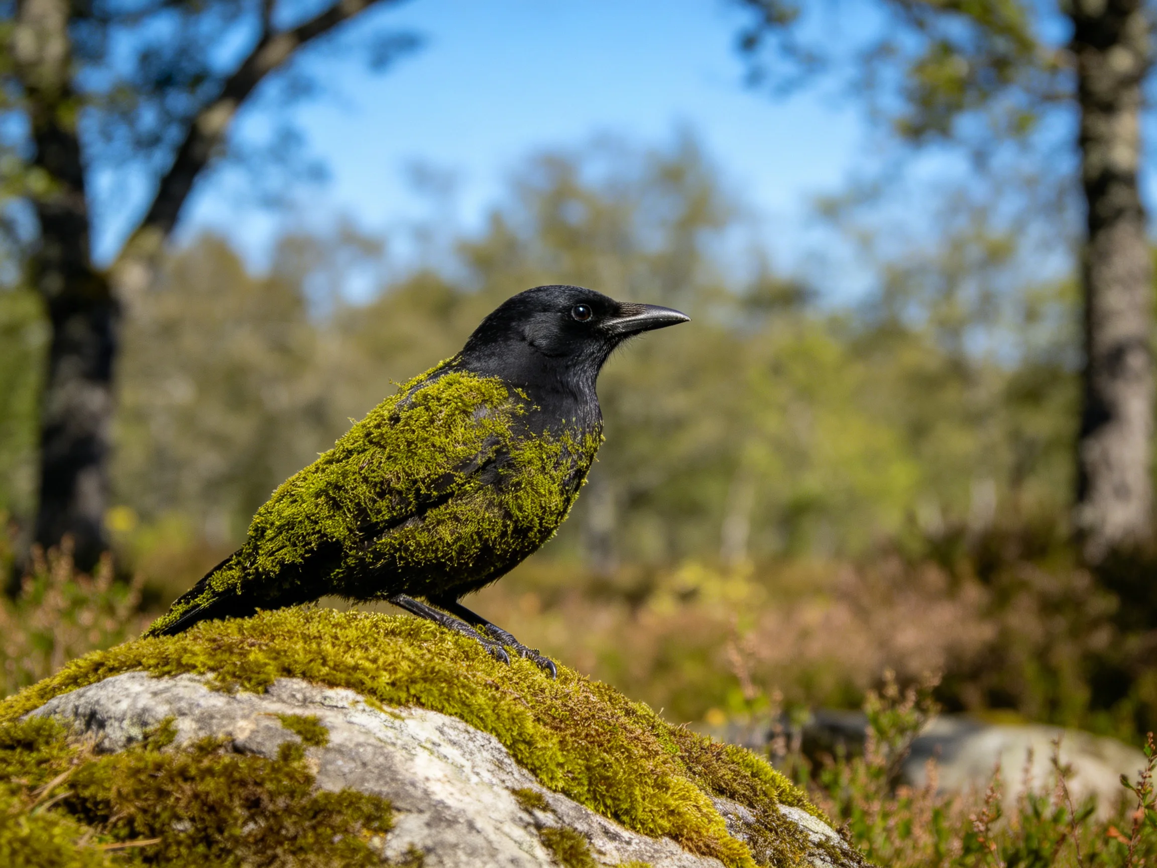 A black crow covered in vibrant green moss perches on a rocky outcrop