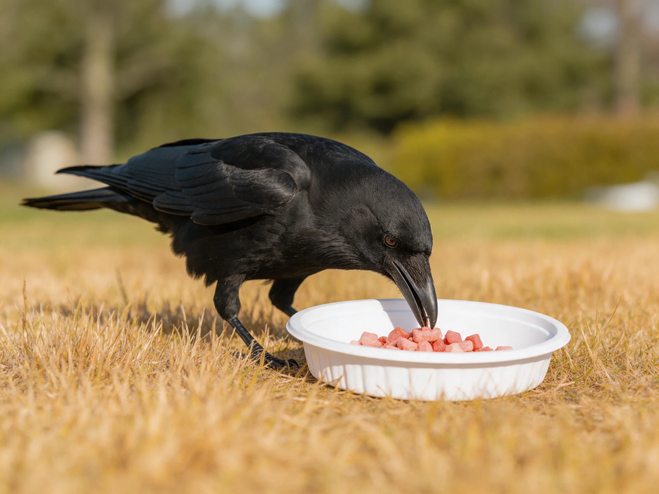A black crow eating pink food from a white container on dry grass