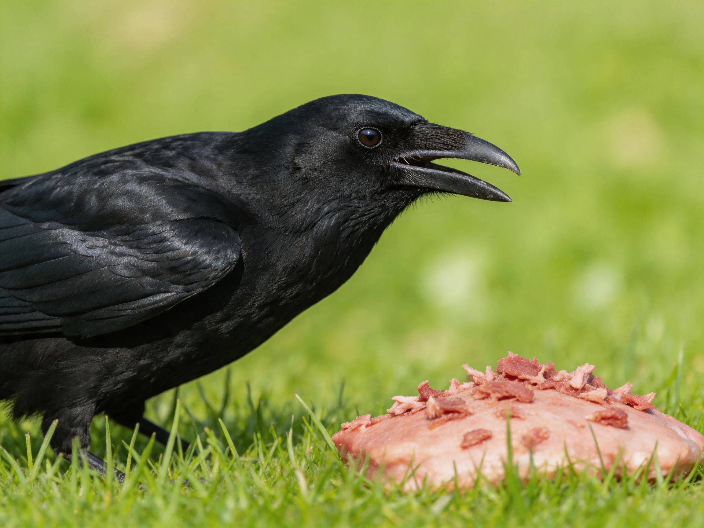 A black crow examining a pinkish meat-filled object on green grass