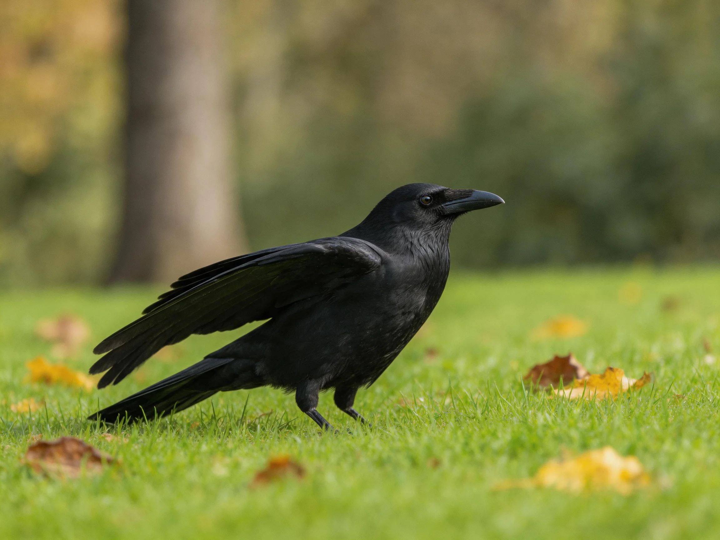 A black crow explores green grass with scattered autumn leaves