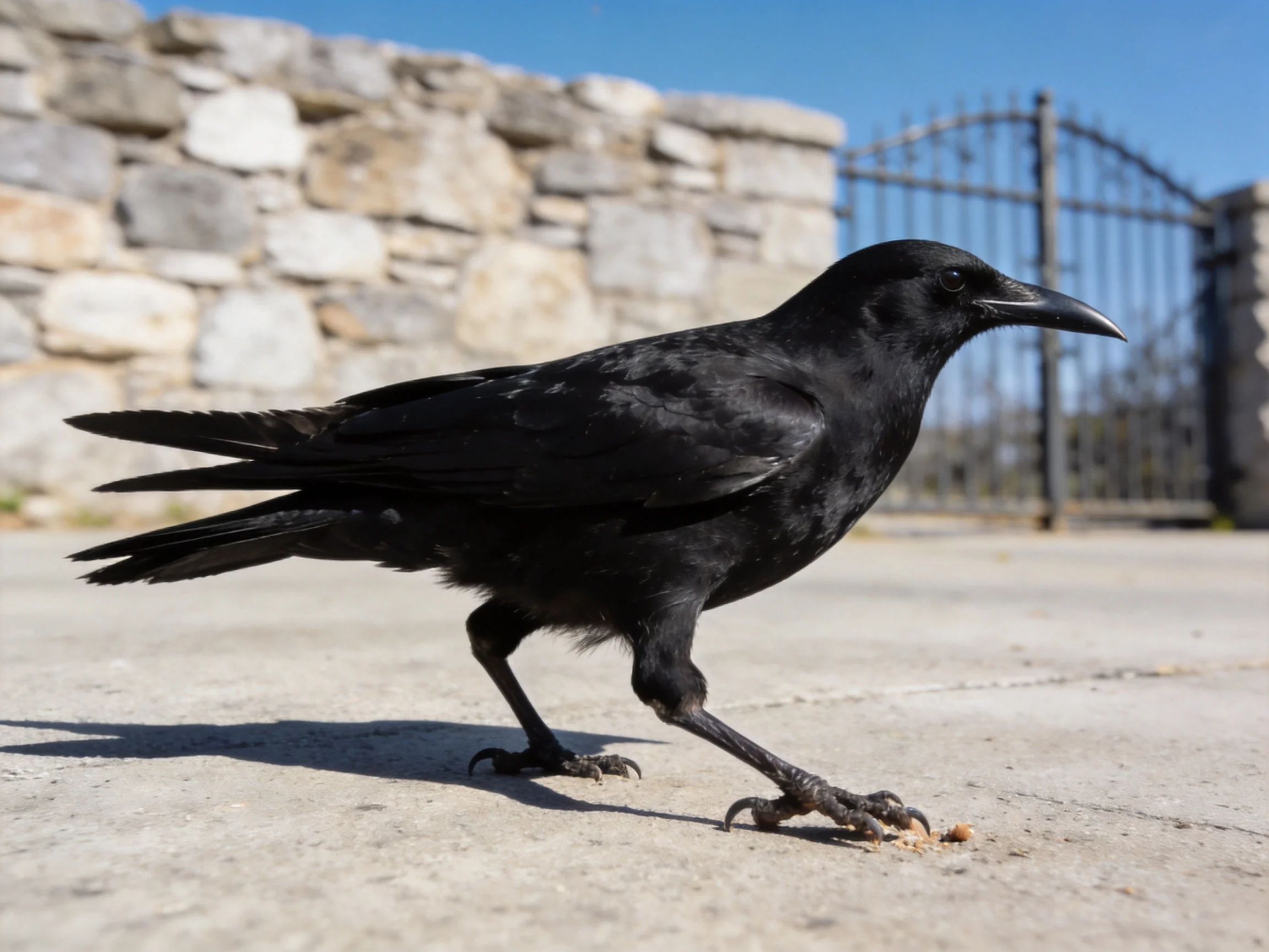 A black crow foraging near a stone wall and iron gate
