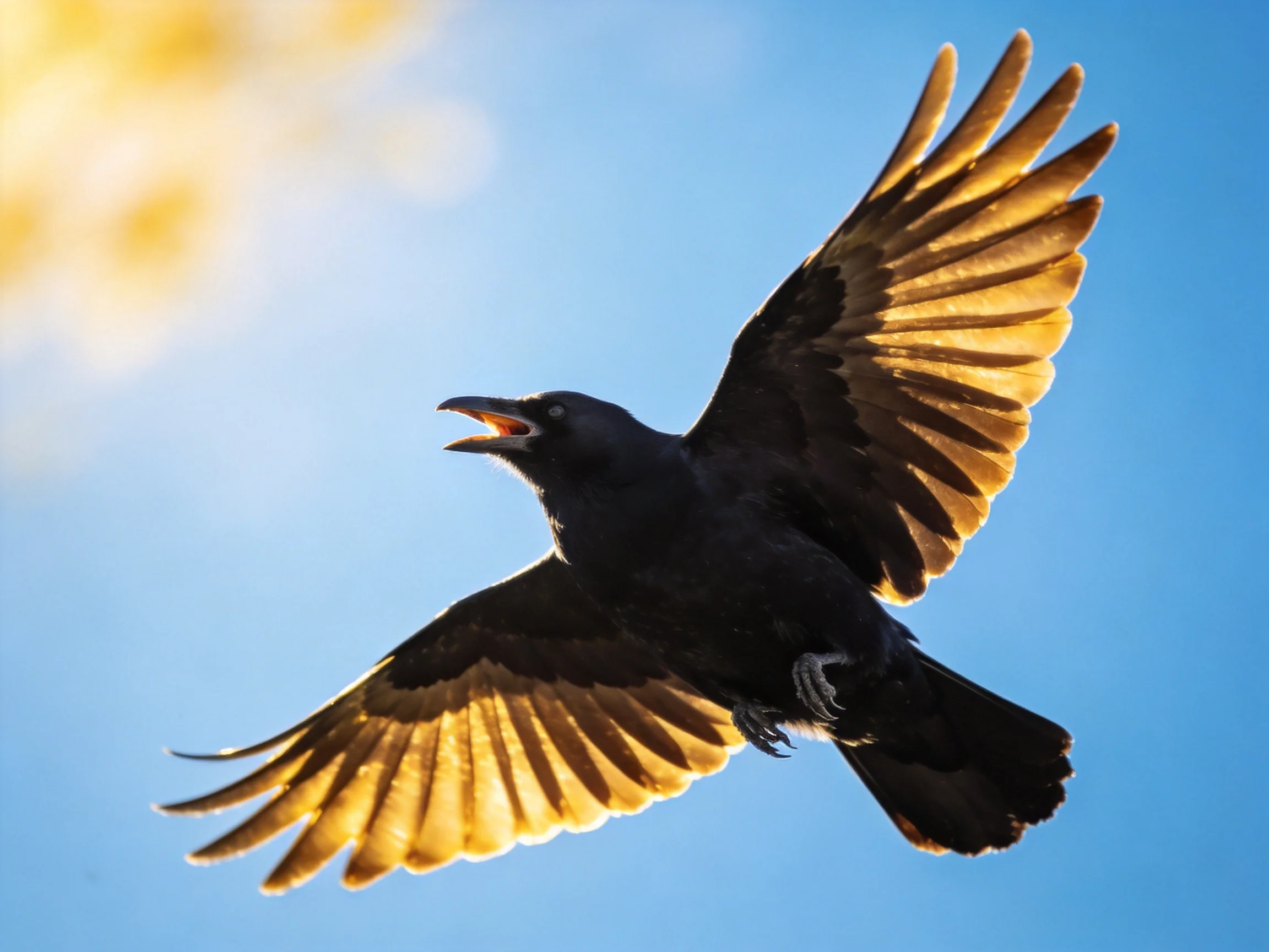 A black crow glides with wings spread under golden sunlight