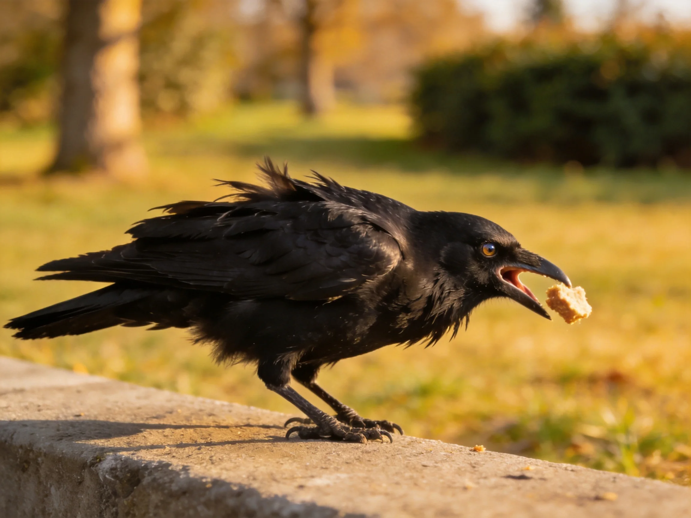 A black crow holding food on a concrete ledge outdoors