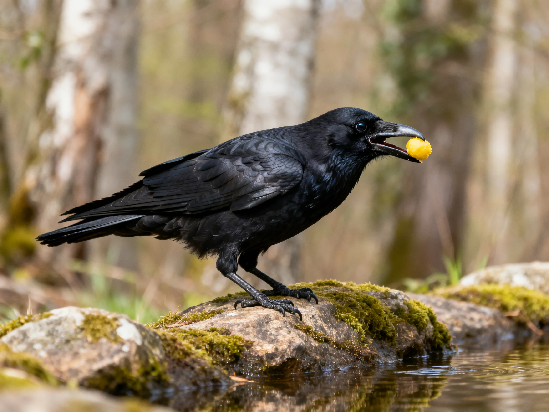 A black crow holds a yellow berry near mossy rocks by calm water