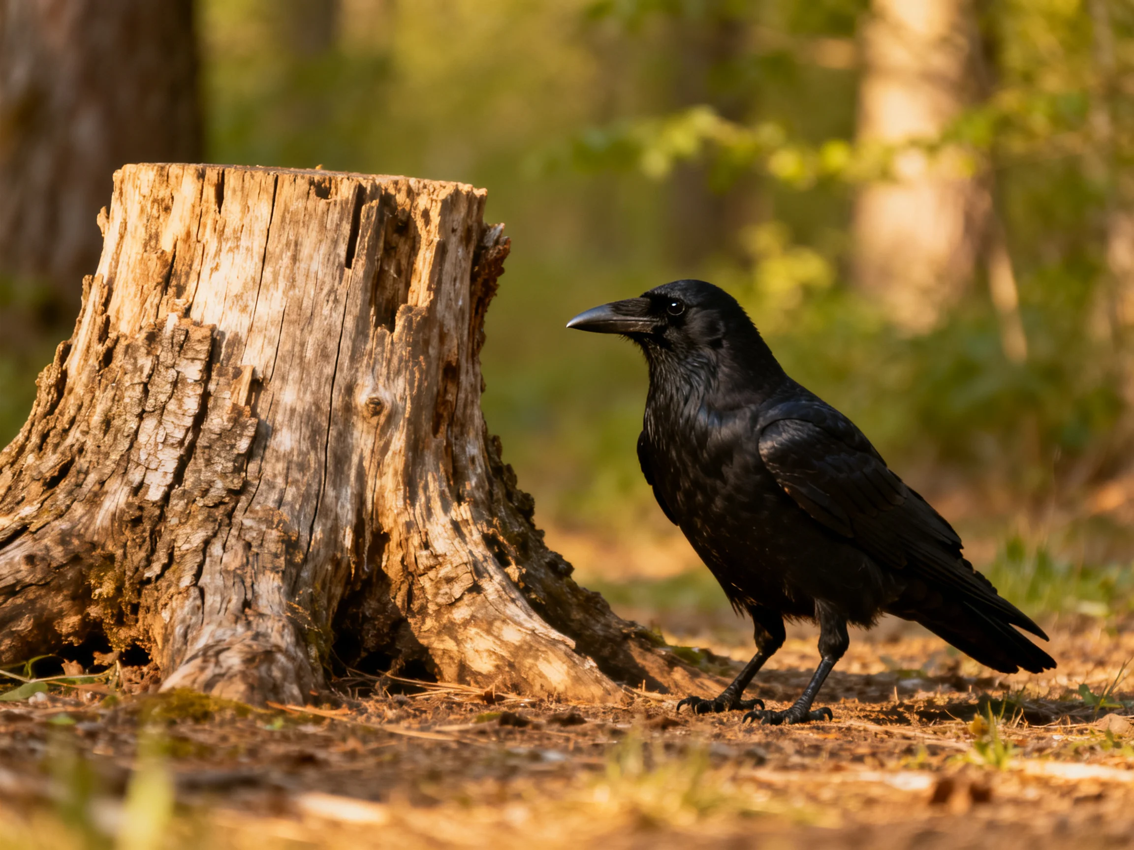 A black crow near an aged wooden tree stump in a sunlit forest
