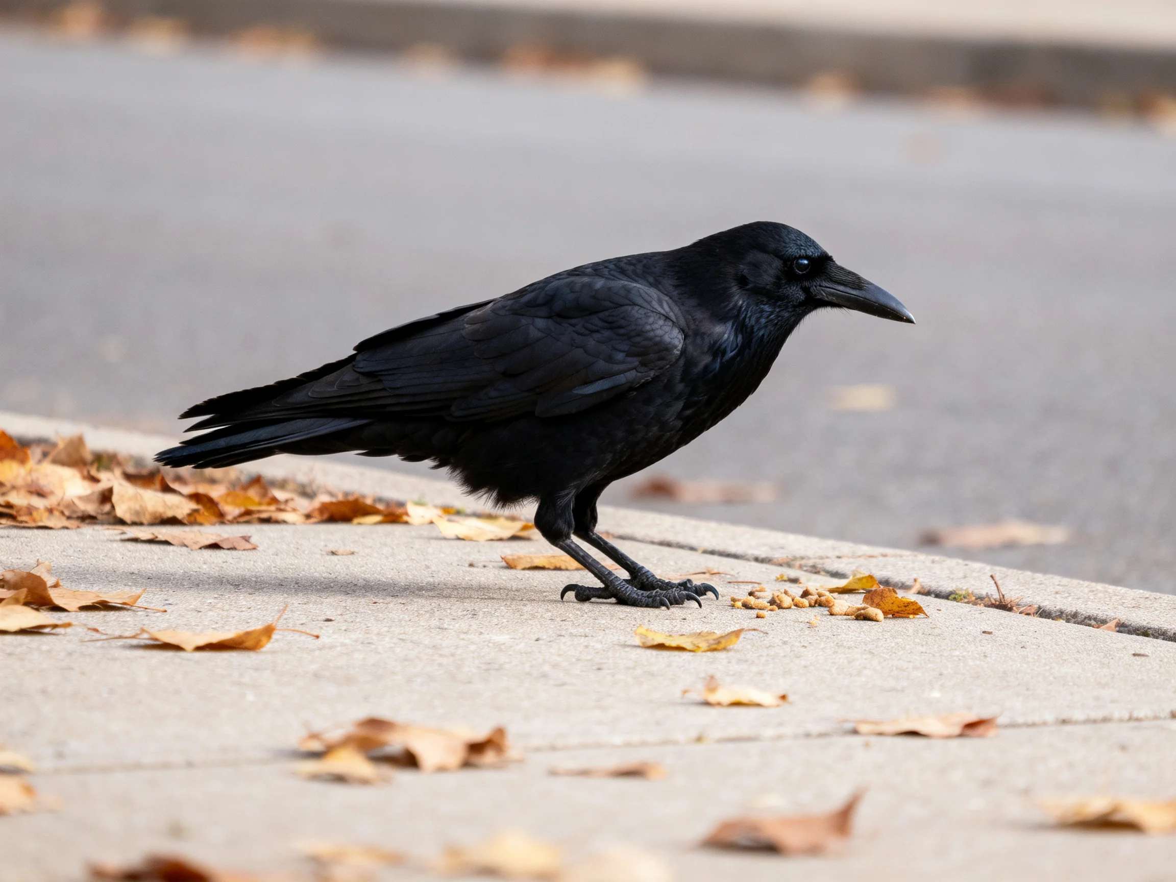 A black crow near scattered autumn leaves on pavement