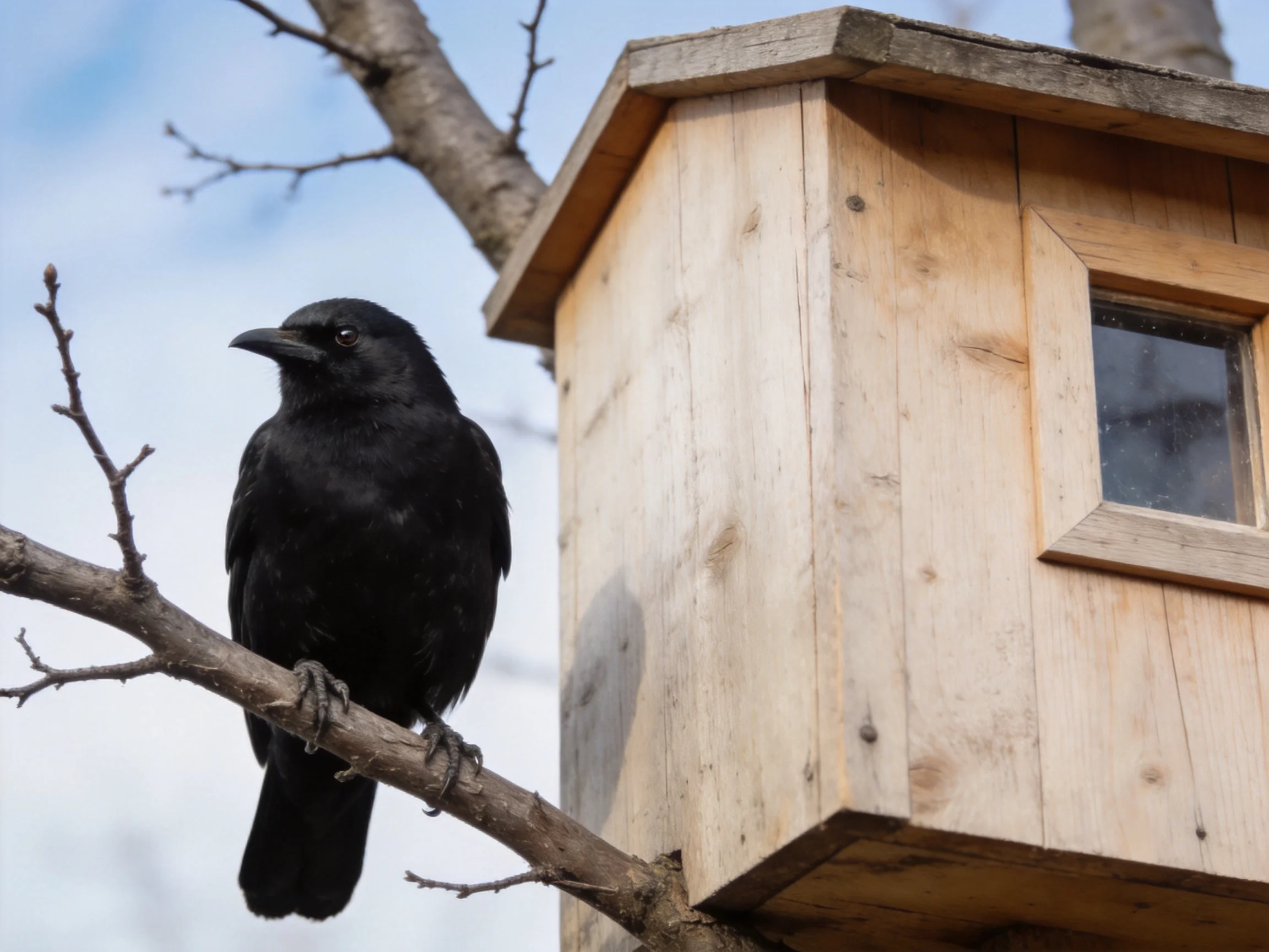 A black crow perched beside a wooden birdhouse near bare branches