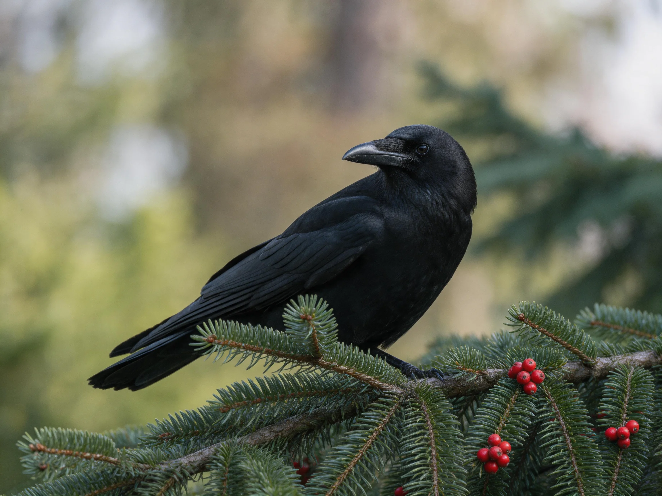 A black crow perched on a green pine branch with red berries