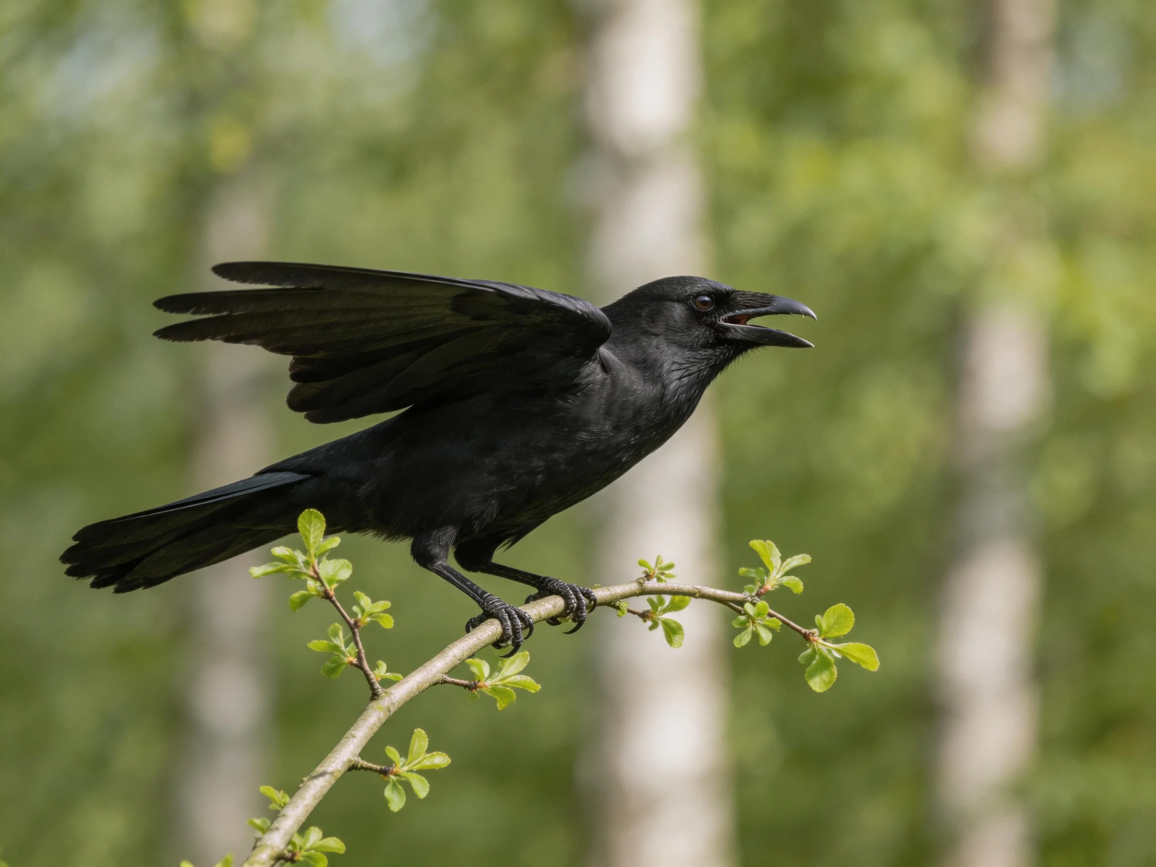 A black crow perched on a leafy branch in a forest setting