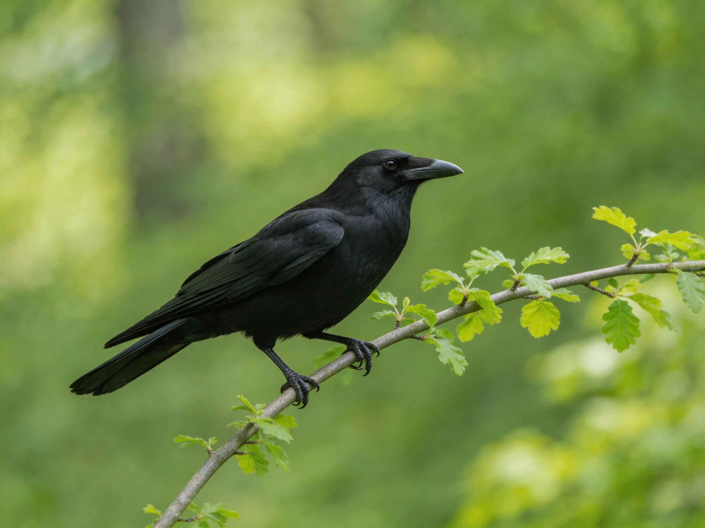 A black crow perched on a leafy tree branch in a green forest