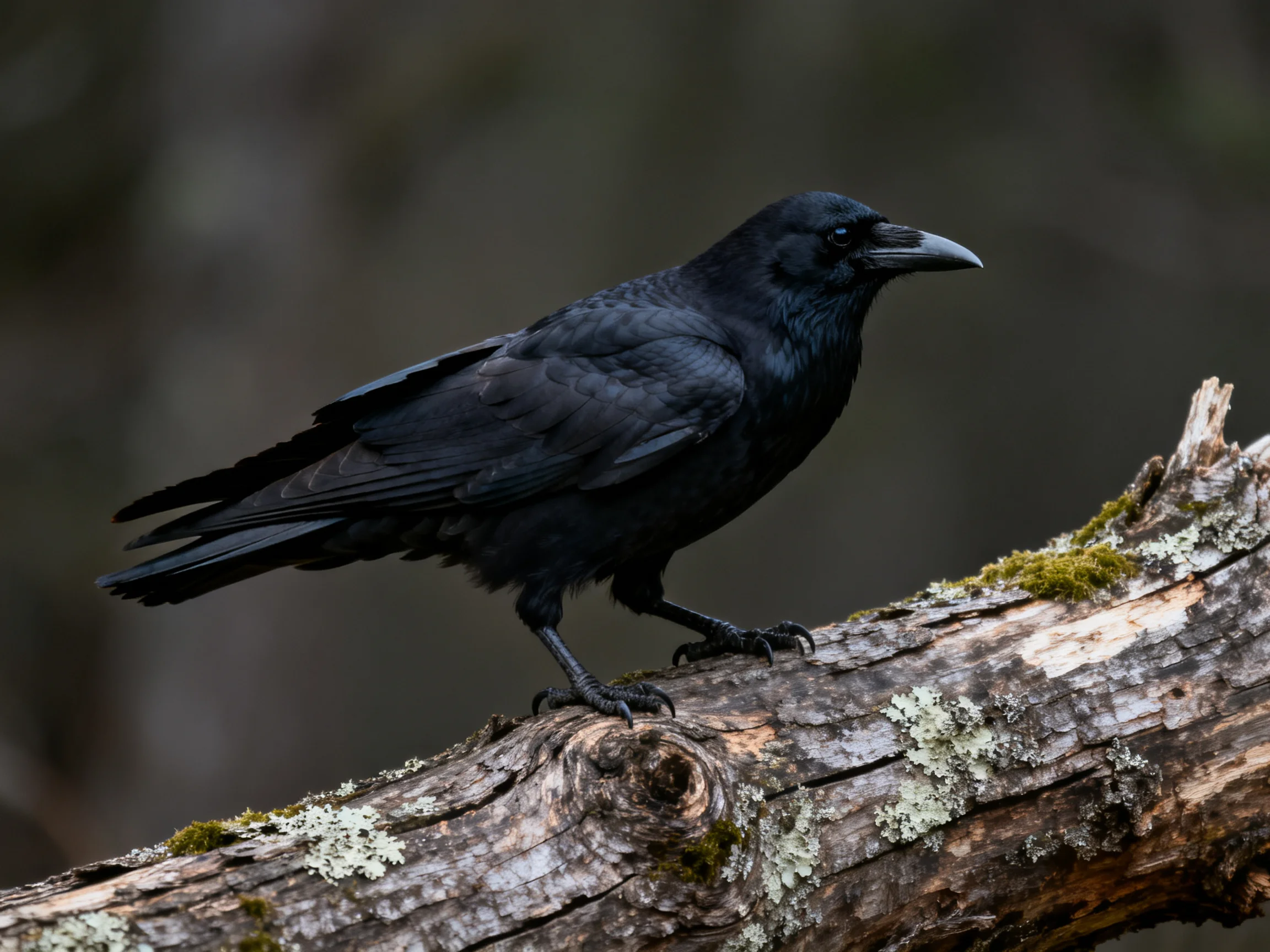 A black crow perched on a lichen-covered wooden branch