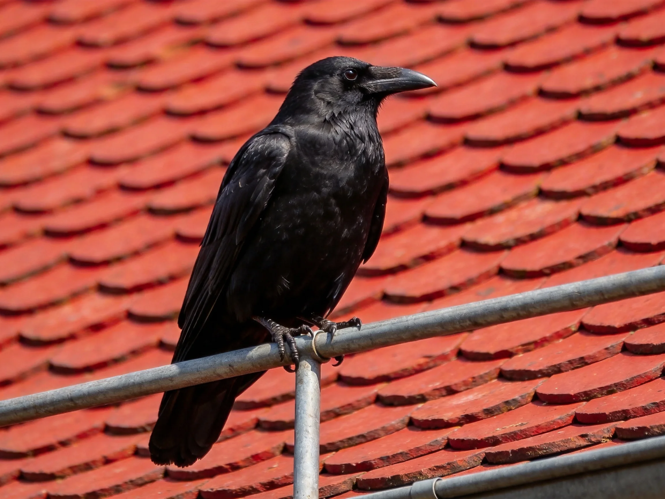 A black crow perched on a metal bar with red shingled roof