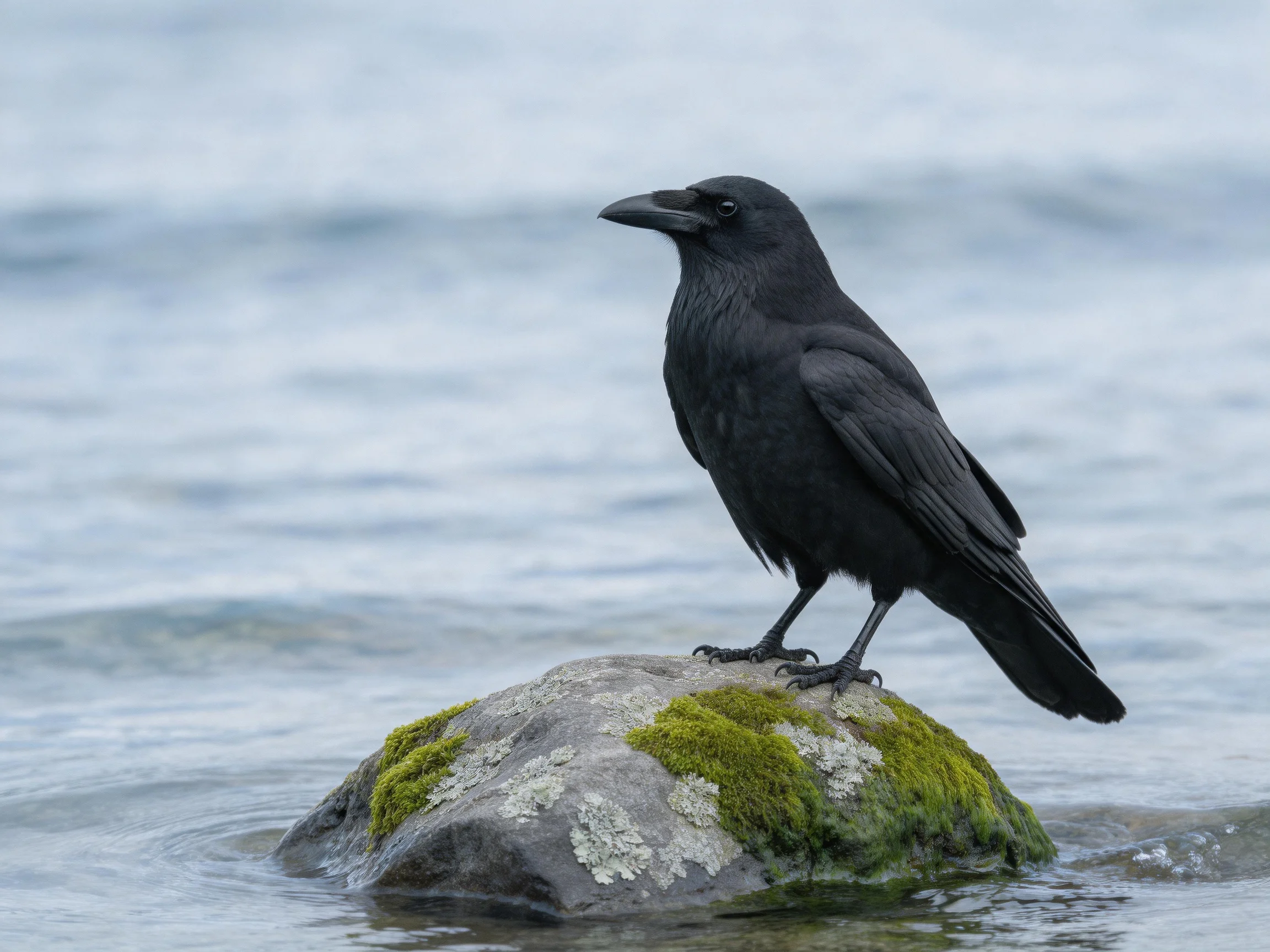 A black crow perched on a moss-covered rock by calm waters