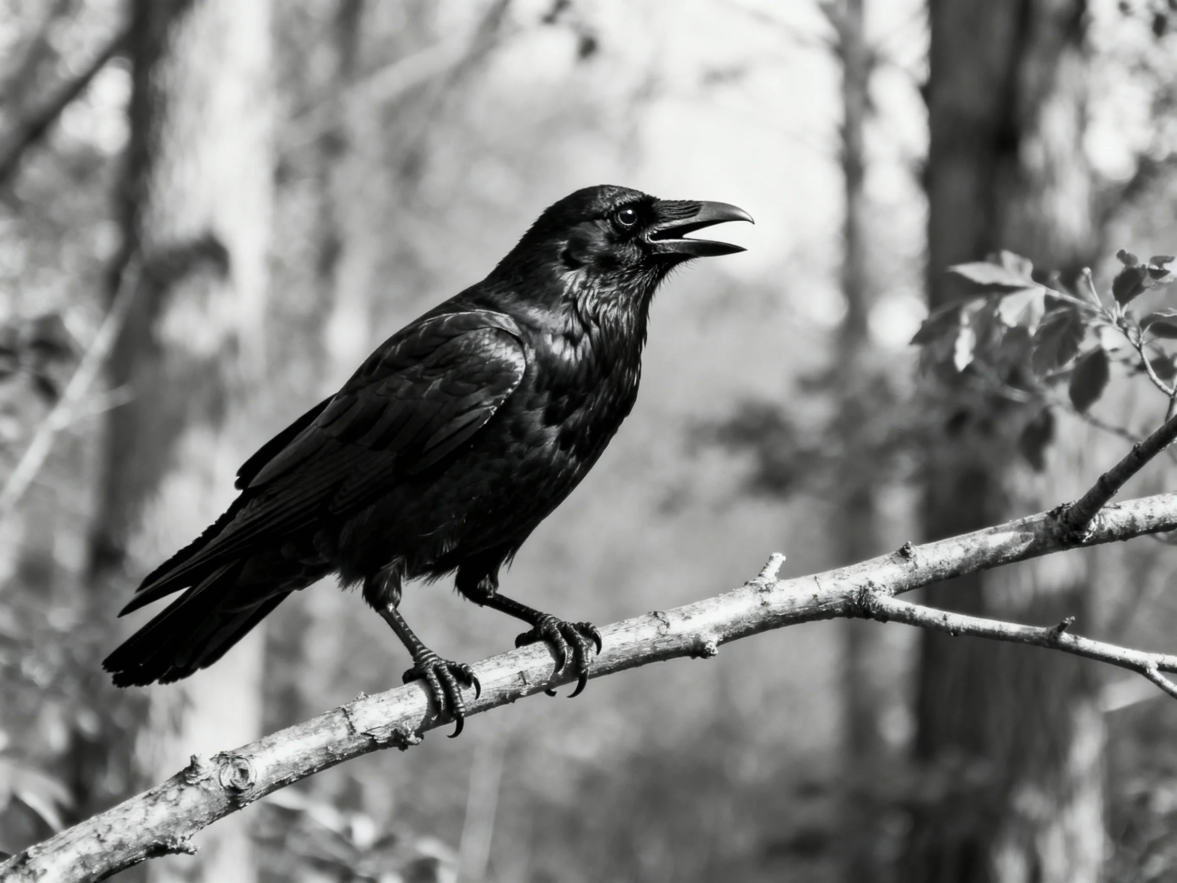 A black crow perched on a slender tree branch amid trees