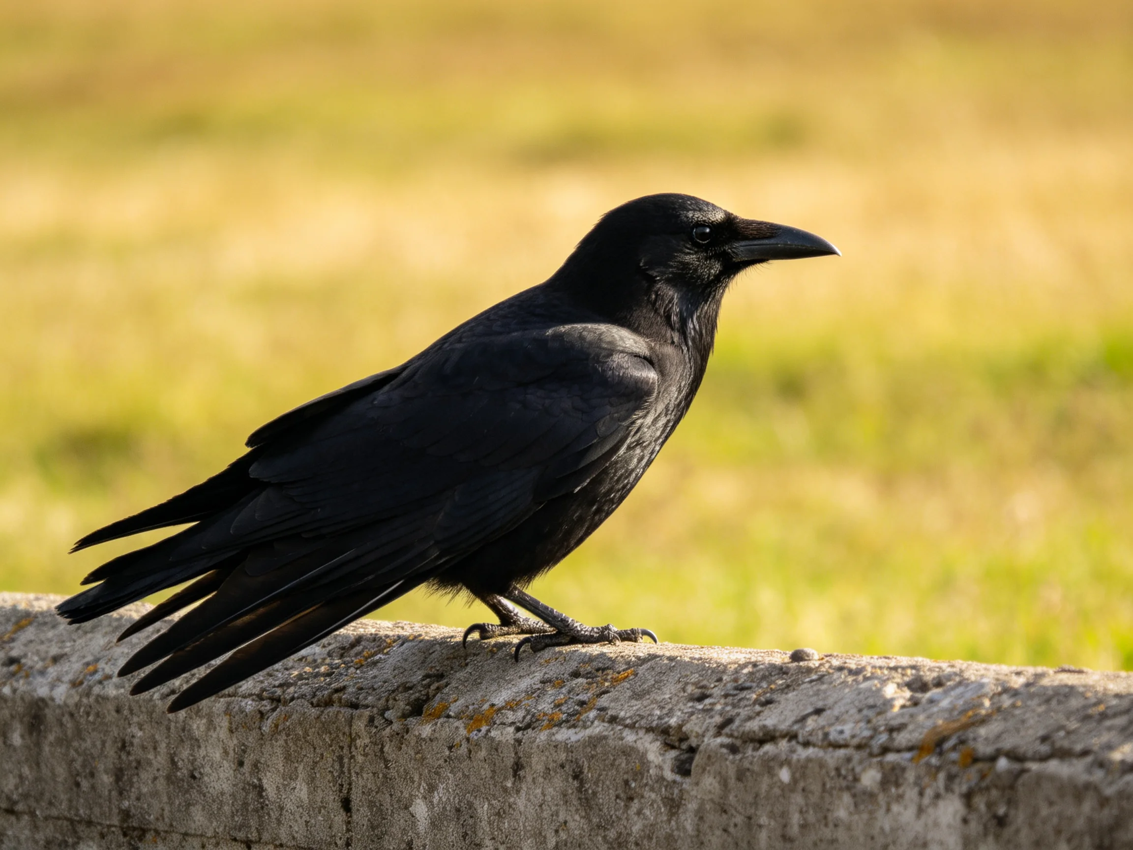 A black crow perched on a weathered concrete ledge in a sunlit field