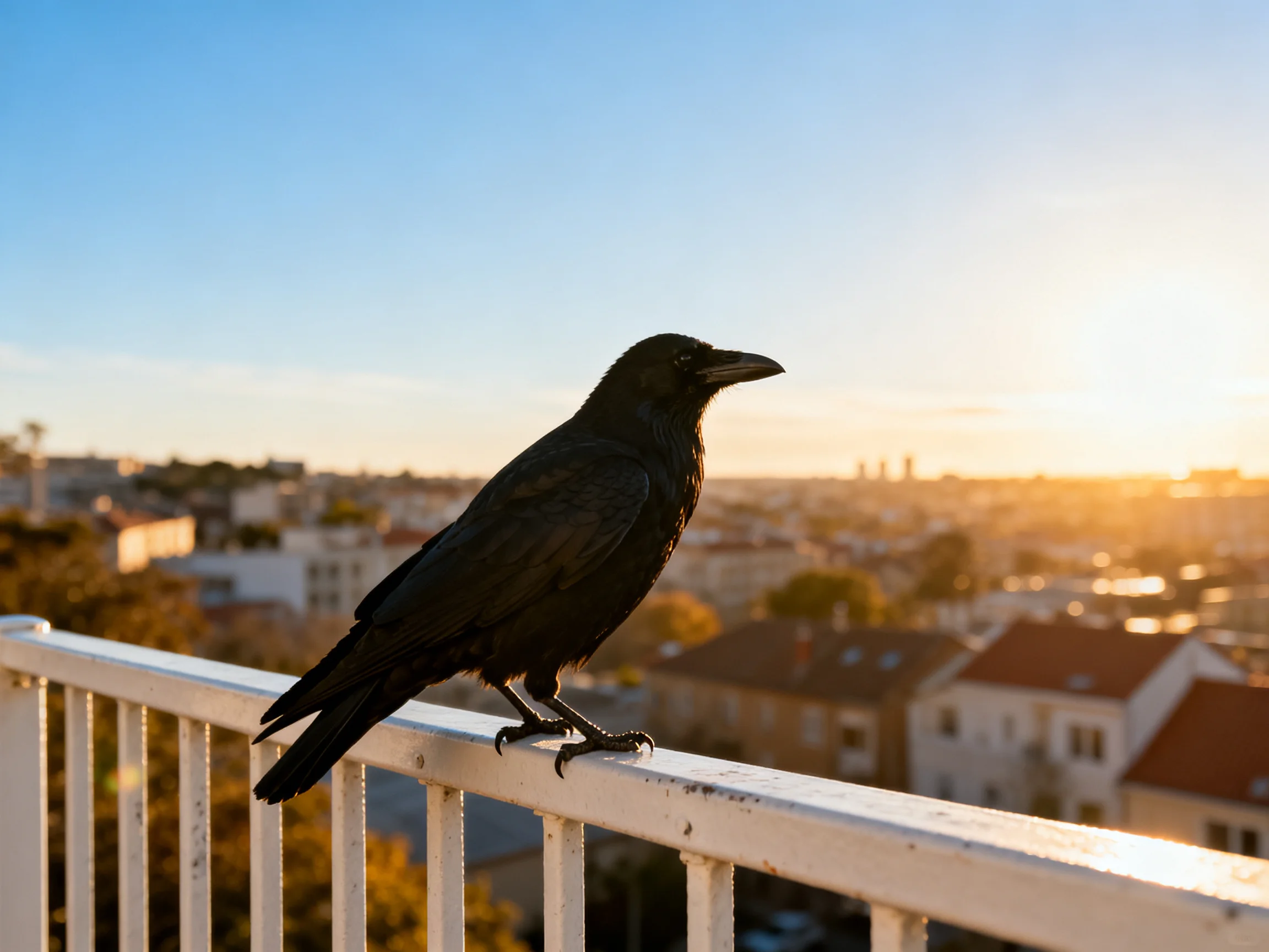 A black crow perched on a white railing with a sunset cityscape