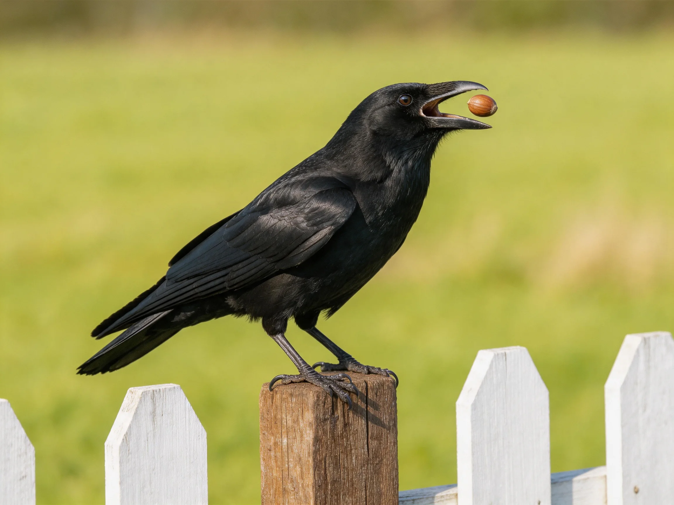 A black crow perched on a wooden fence post with an acorn