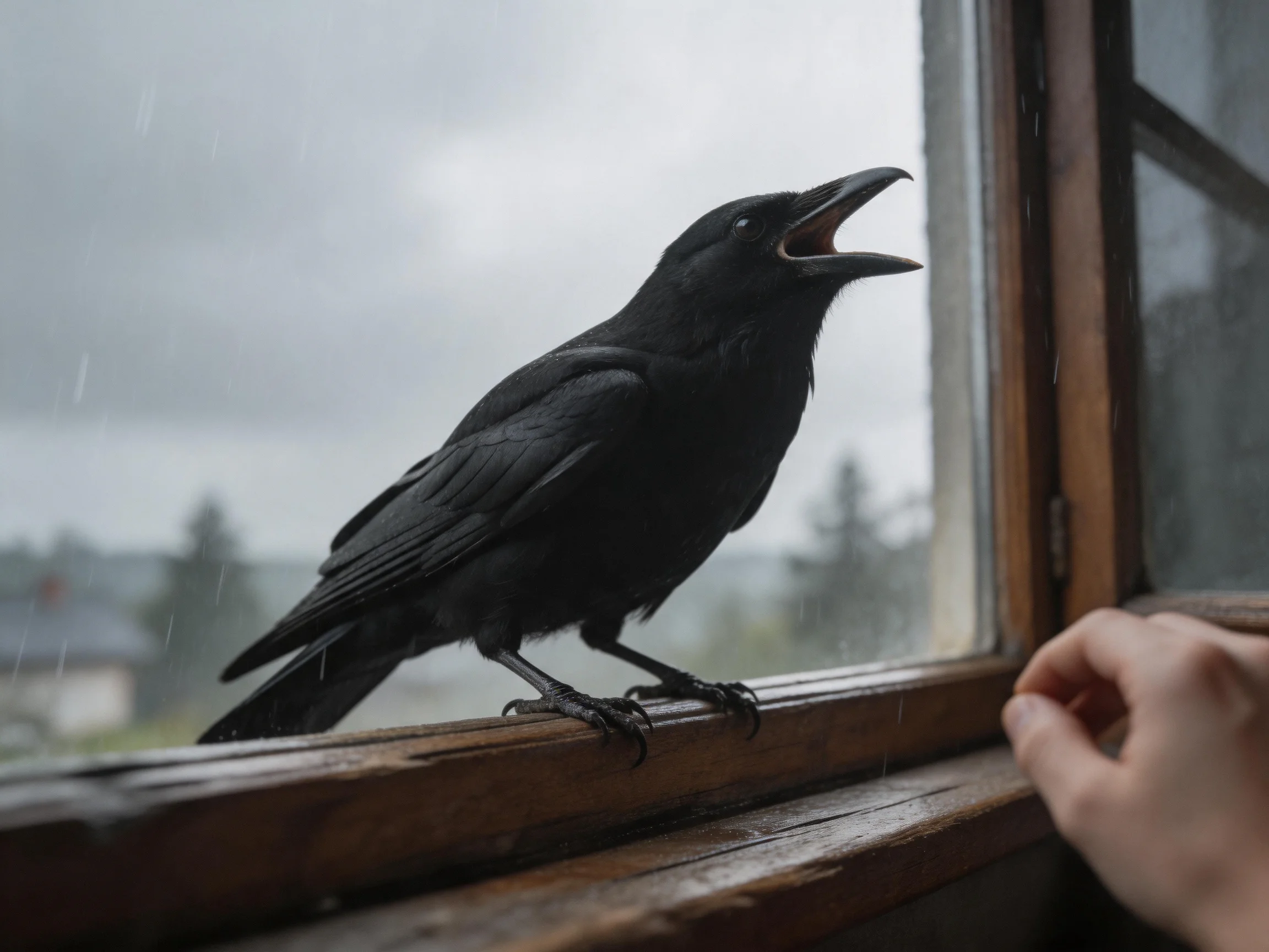 A black crow perched on a wooden windowsill in rainy conditions