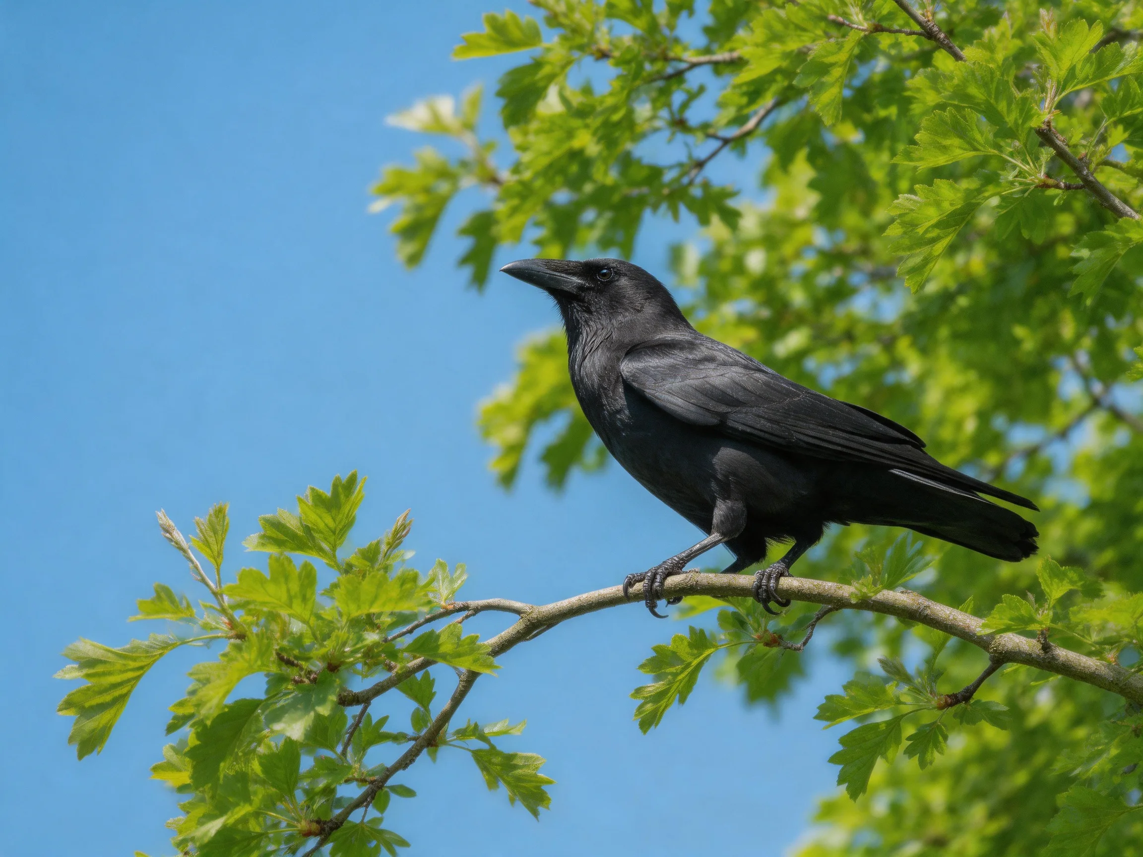 A black crow perches on a leafy tree branch under bright blue sky