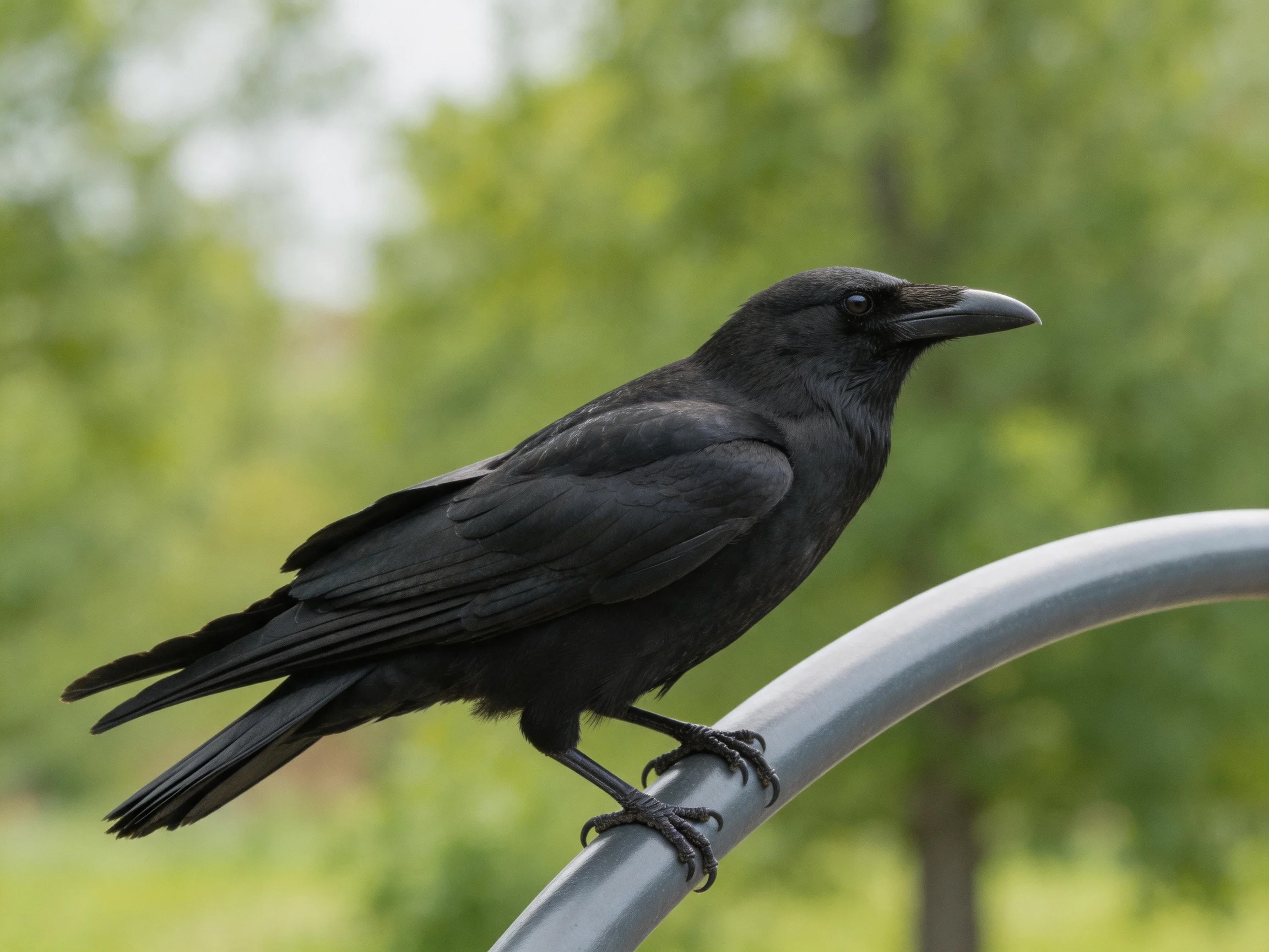 A black crow perches on a metallic curved pole with green foliage behind