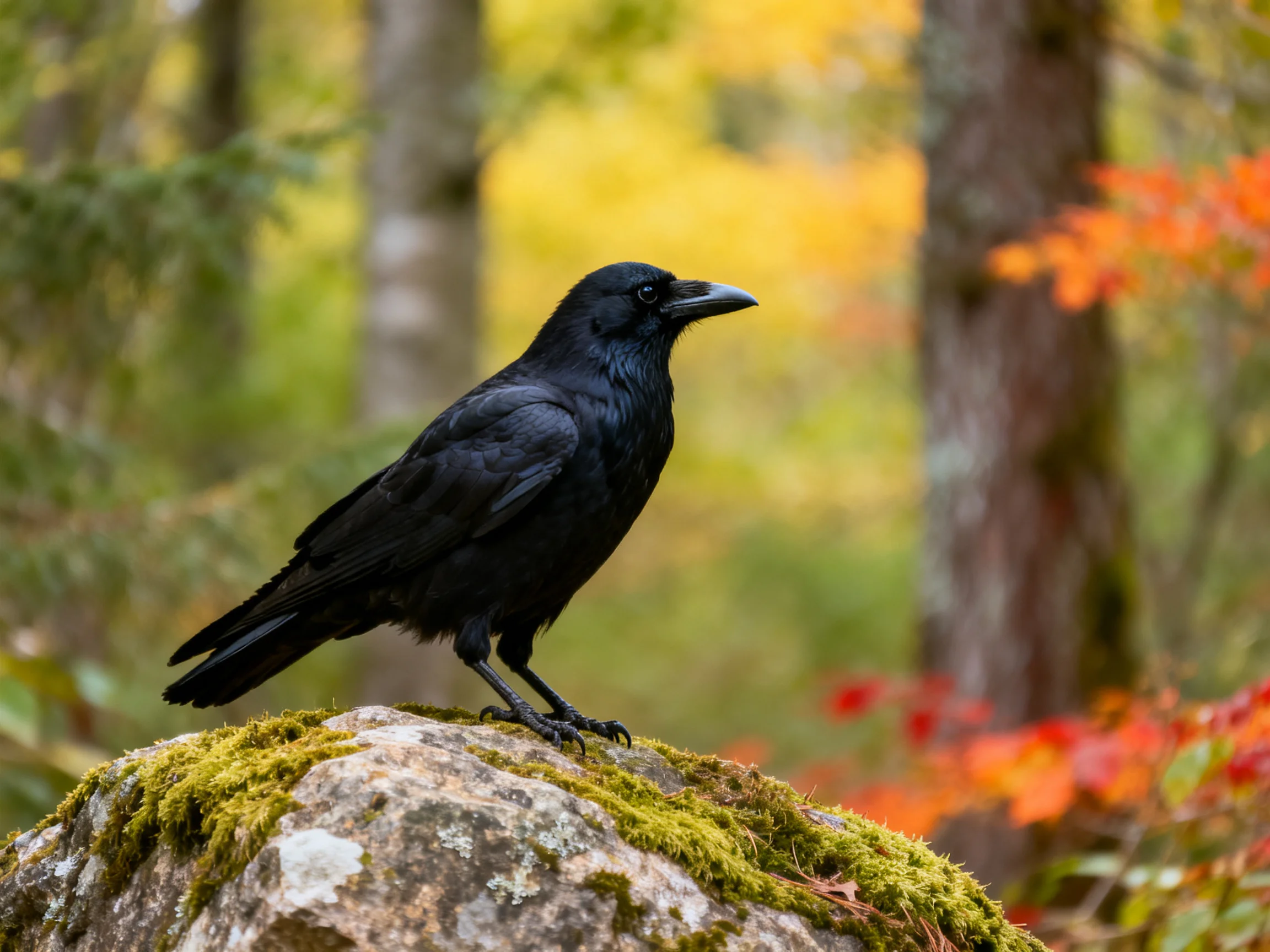 A black crow perches on a moss-covered forest rock amid autumn foliage
