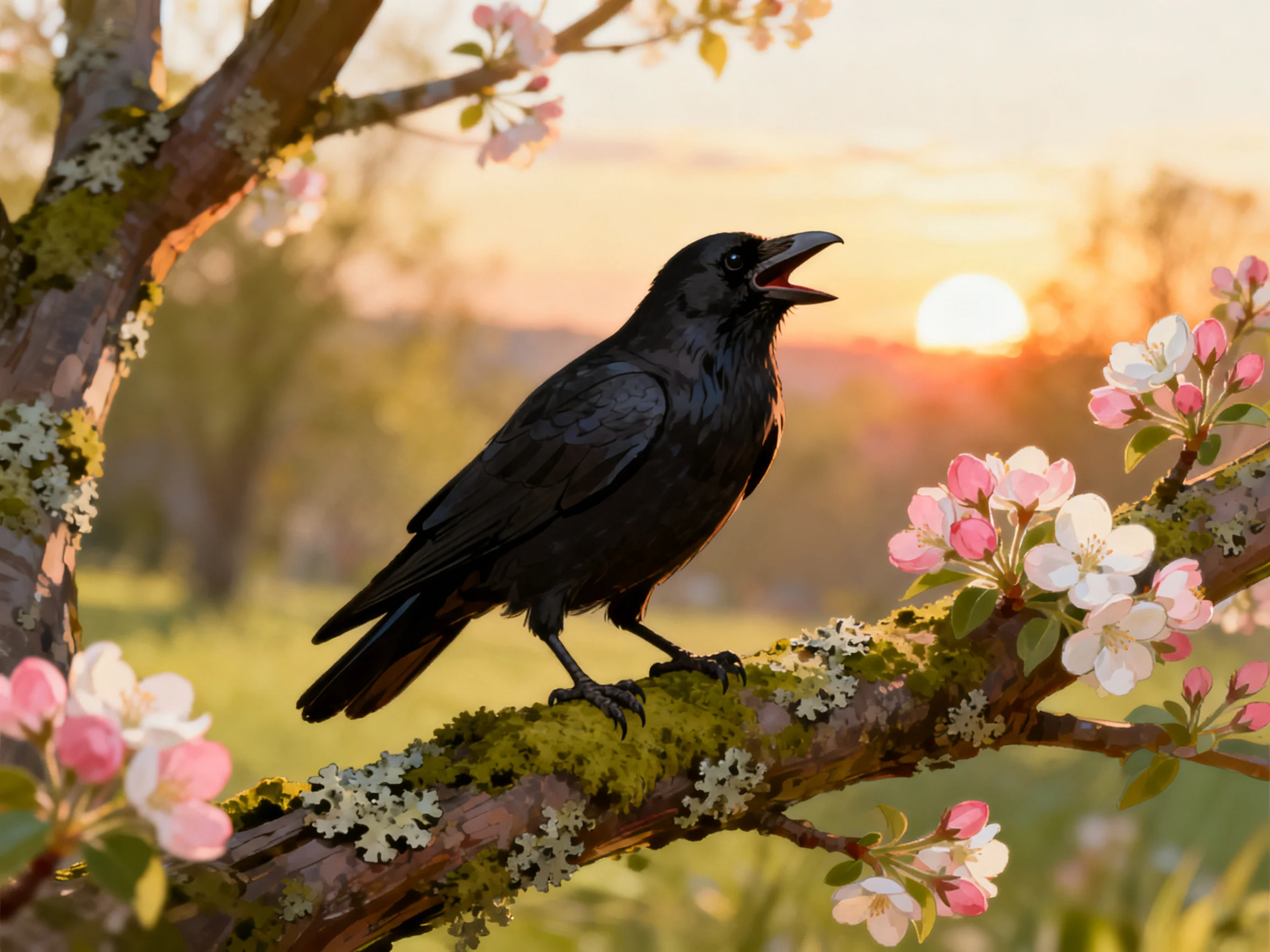 A black crow perches on a mossy flowering branch at sunset
