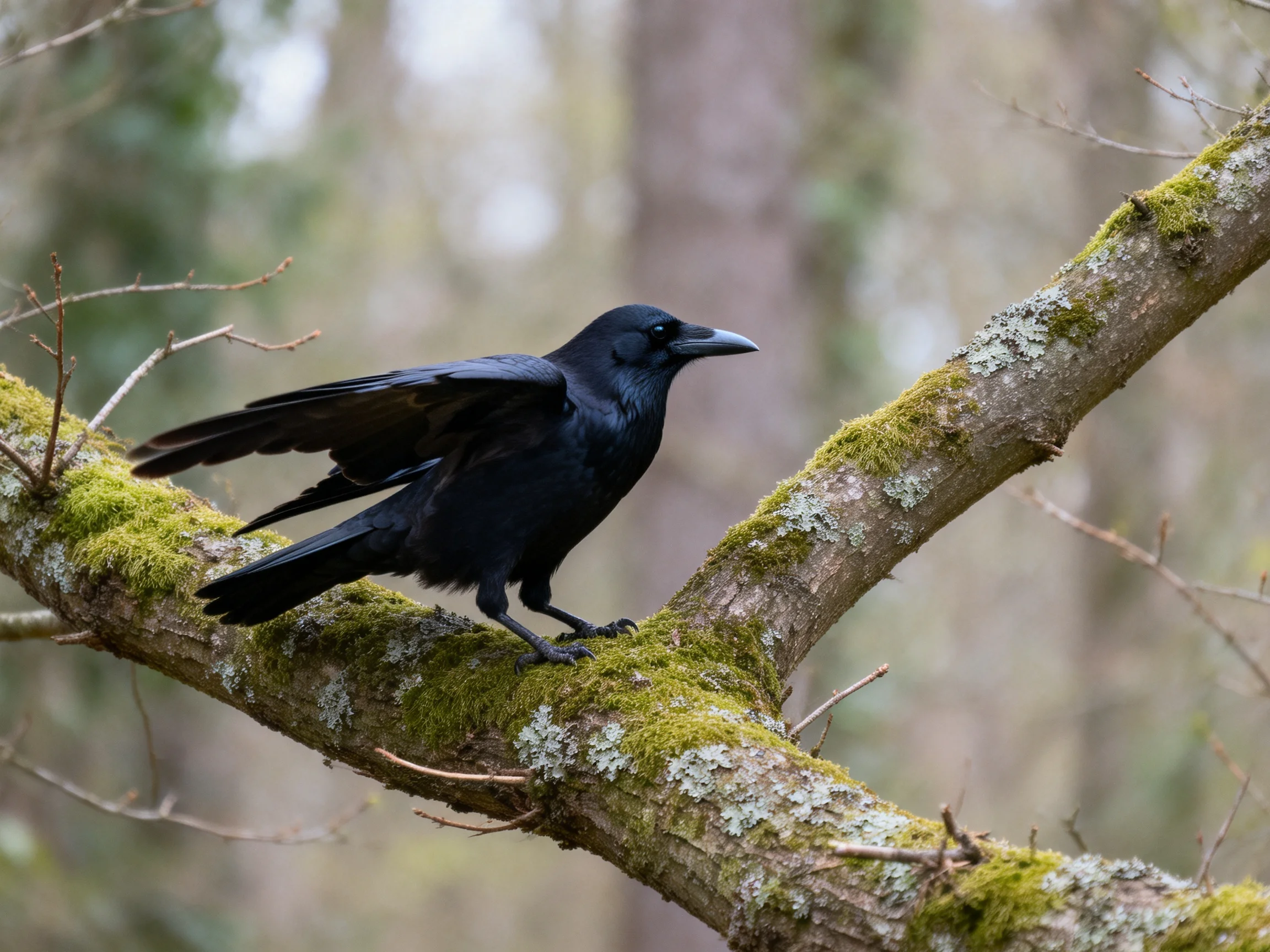A black crow perches on a mossy, lichen-dotted tree branch