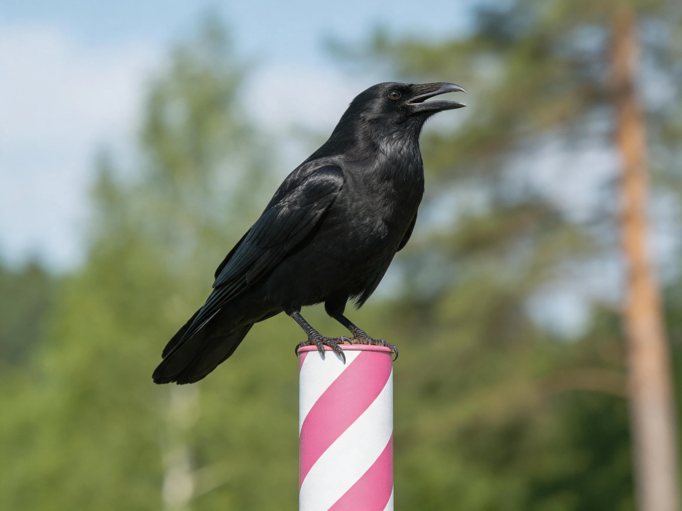A black crow rests atop a pink-and-white striped post against a forested background.