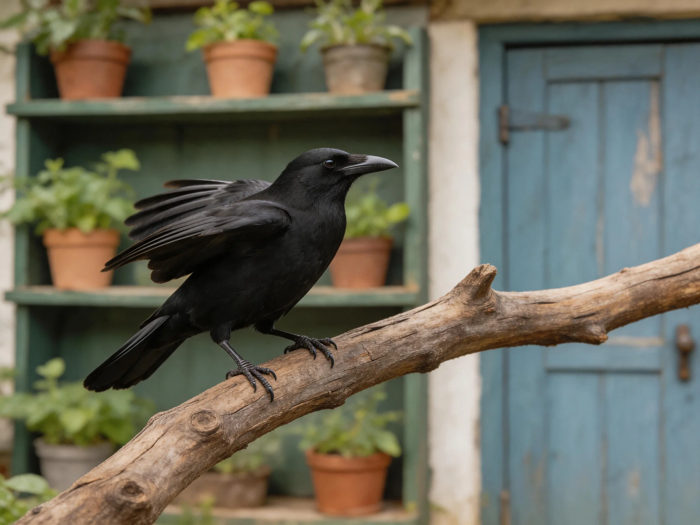 A black crow perches on a weathered wooden branch near potted plants