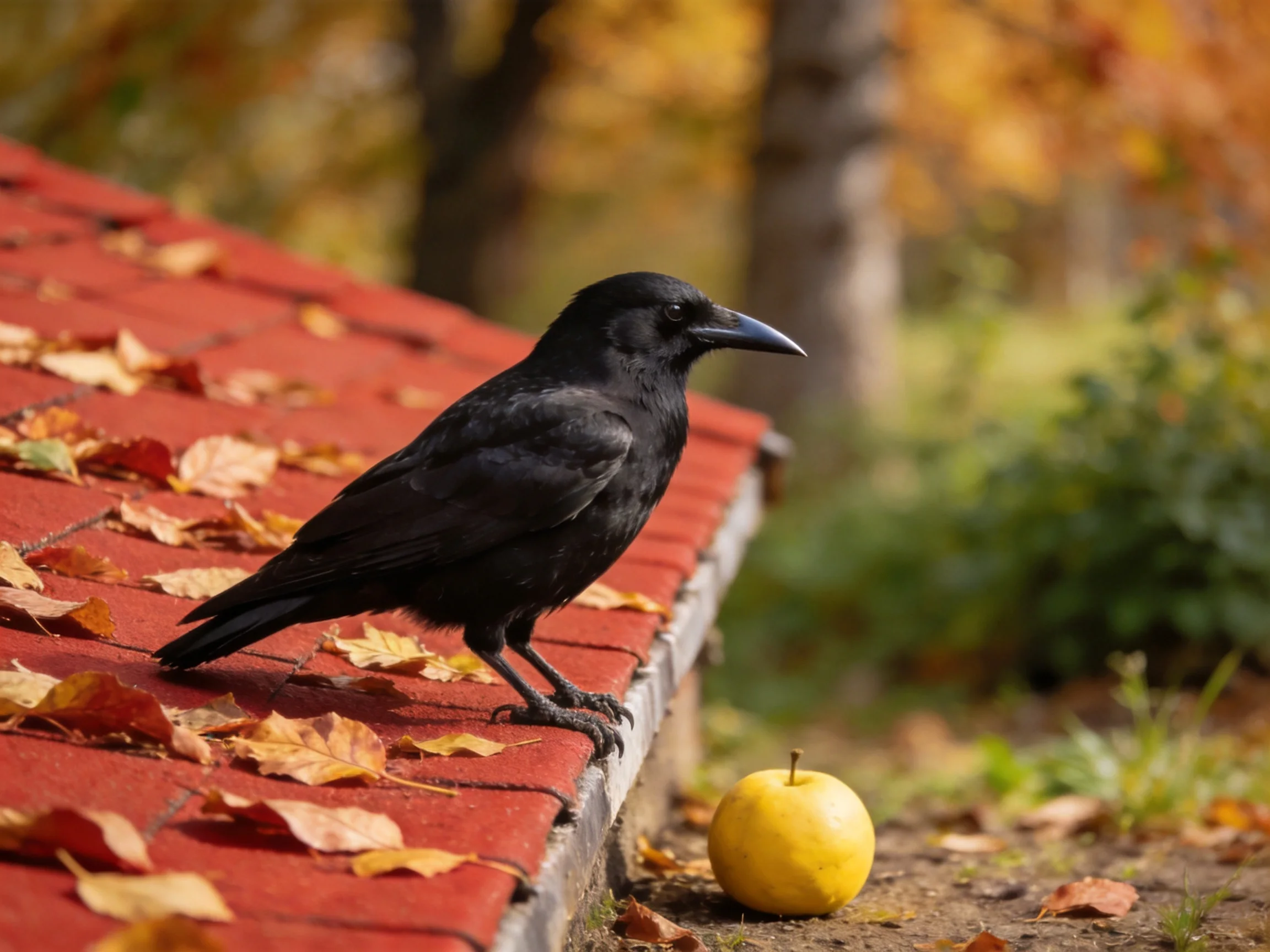 A black crow sits on a red tiled roof near a yellow apple with autumn leaves