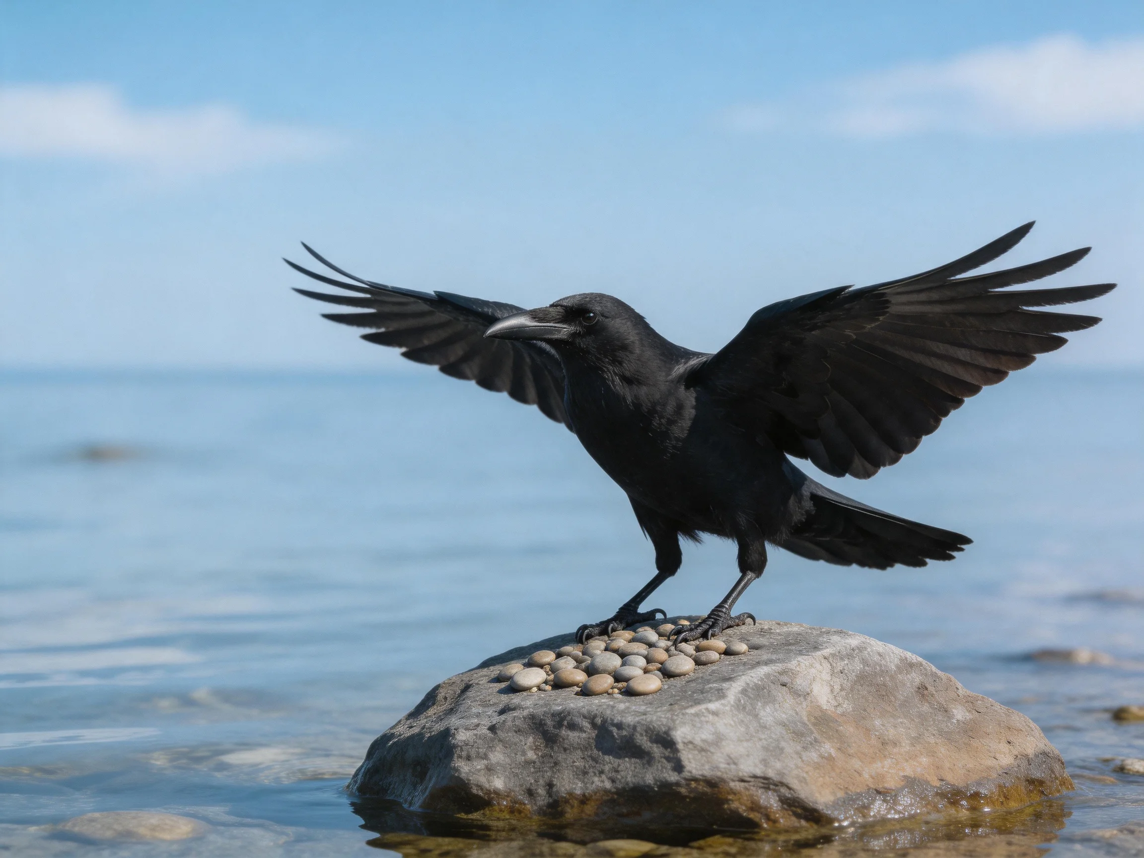 A black crow spreads wings atop a rocky outcrop by calm waters