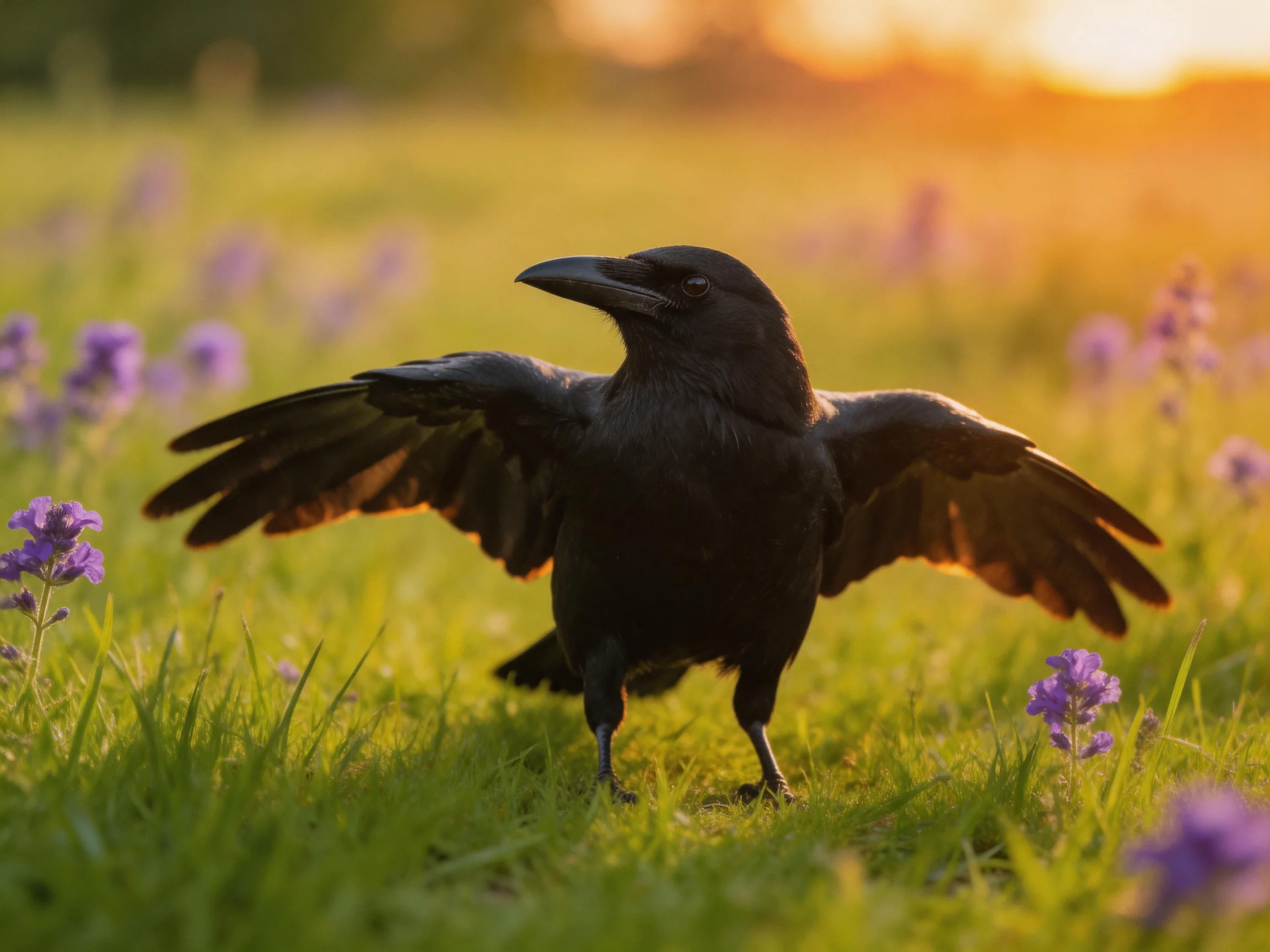 A black crow spreads wings in a sunlit meadow of green grass and purple blooms