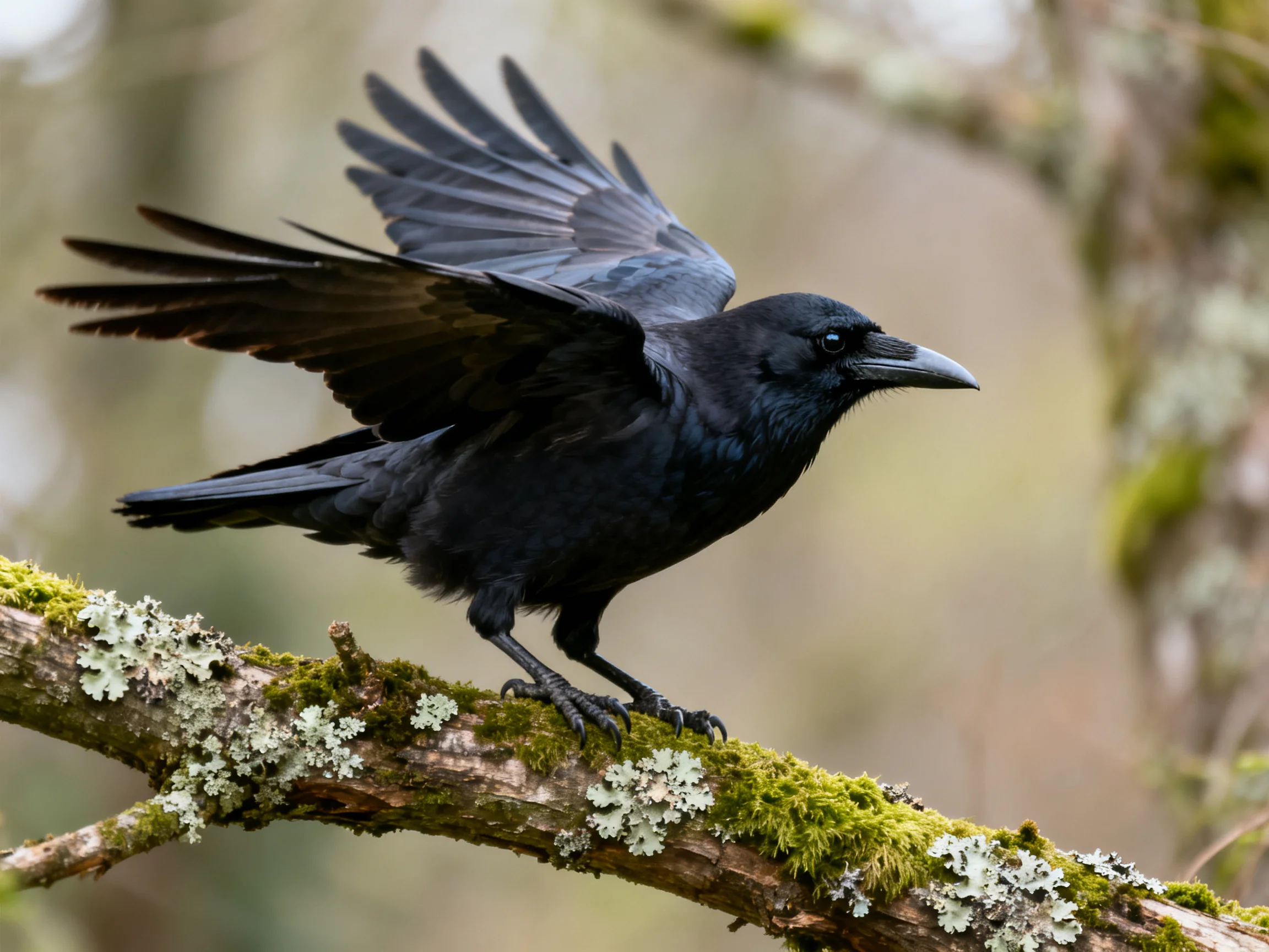 A black crow spreads wings on a mossy lichen branch
