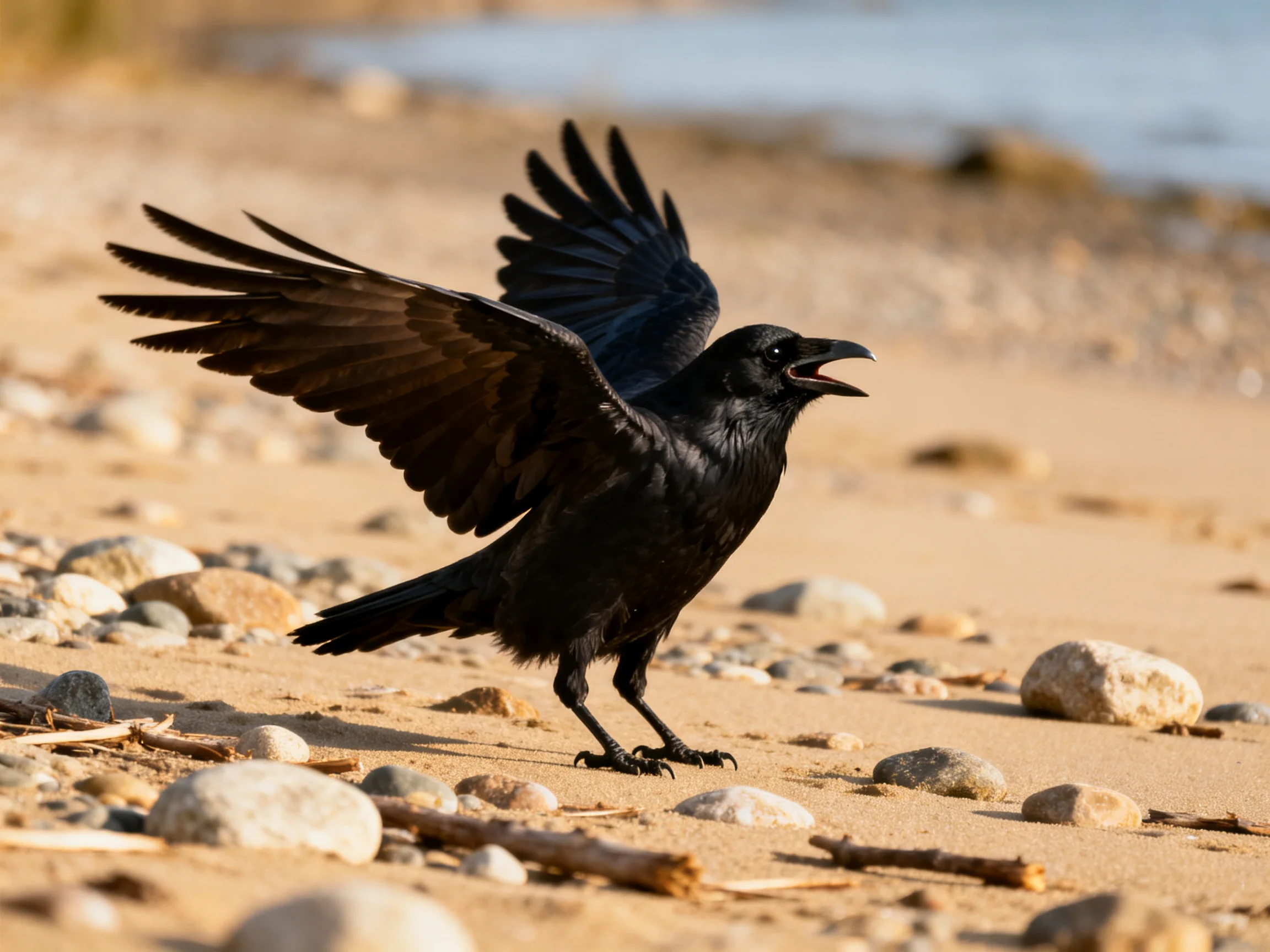 A black crow spreads wings on a pebbly sandy shore