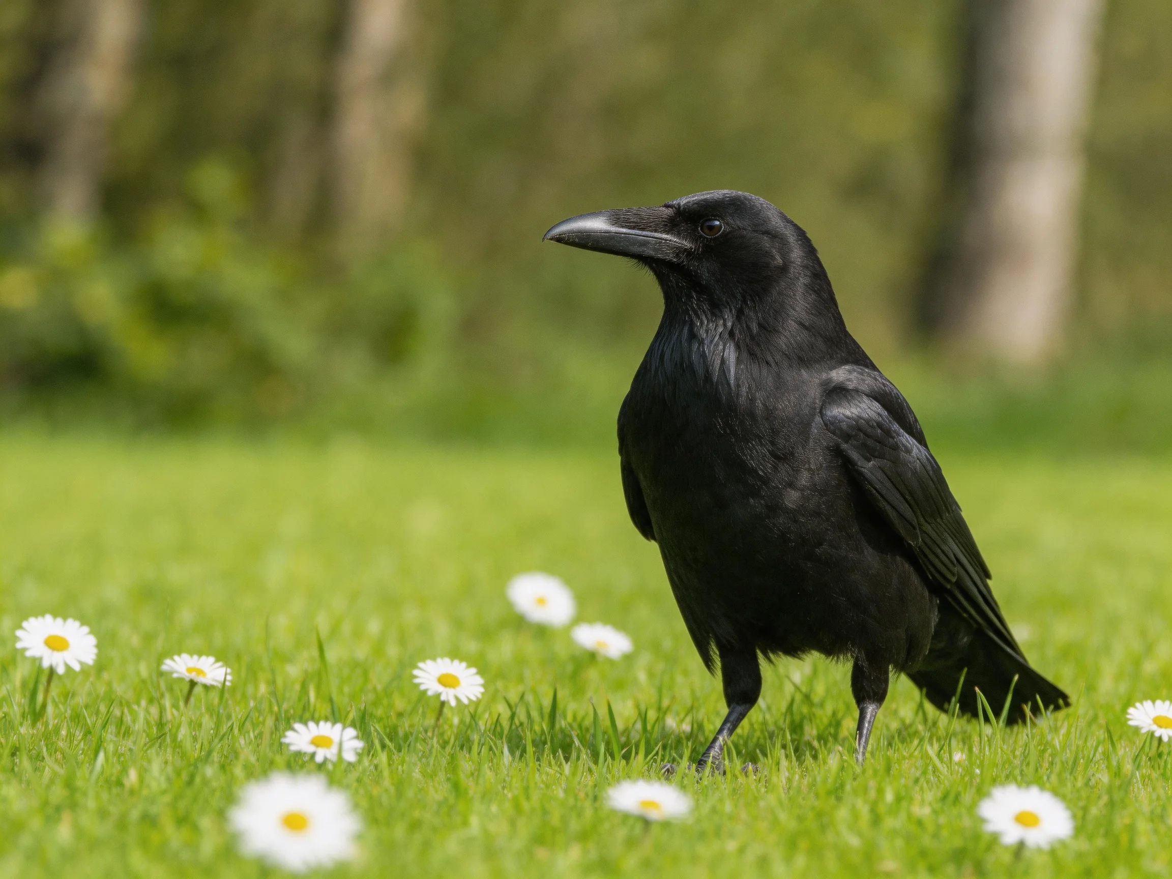 A black crow standing among white daisies on lush green grass