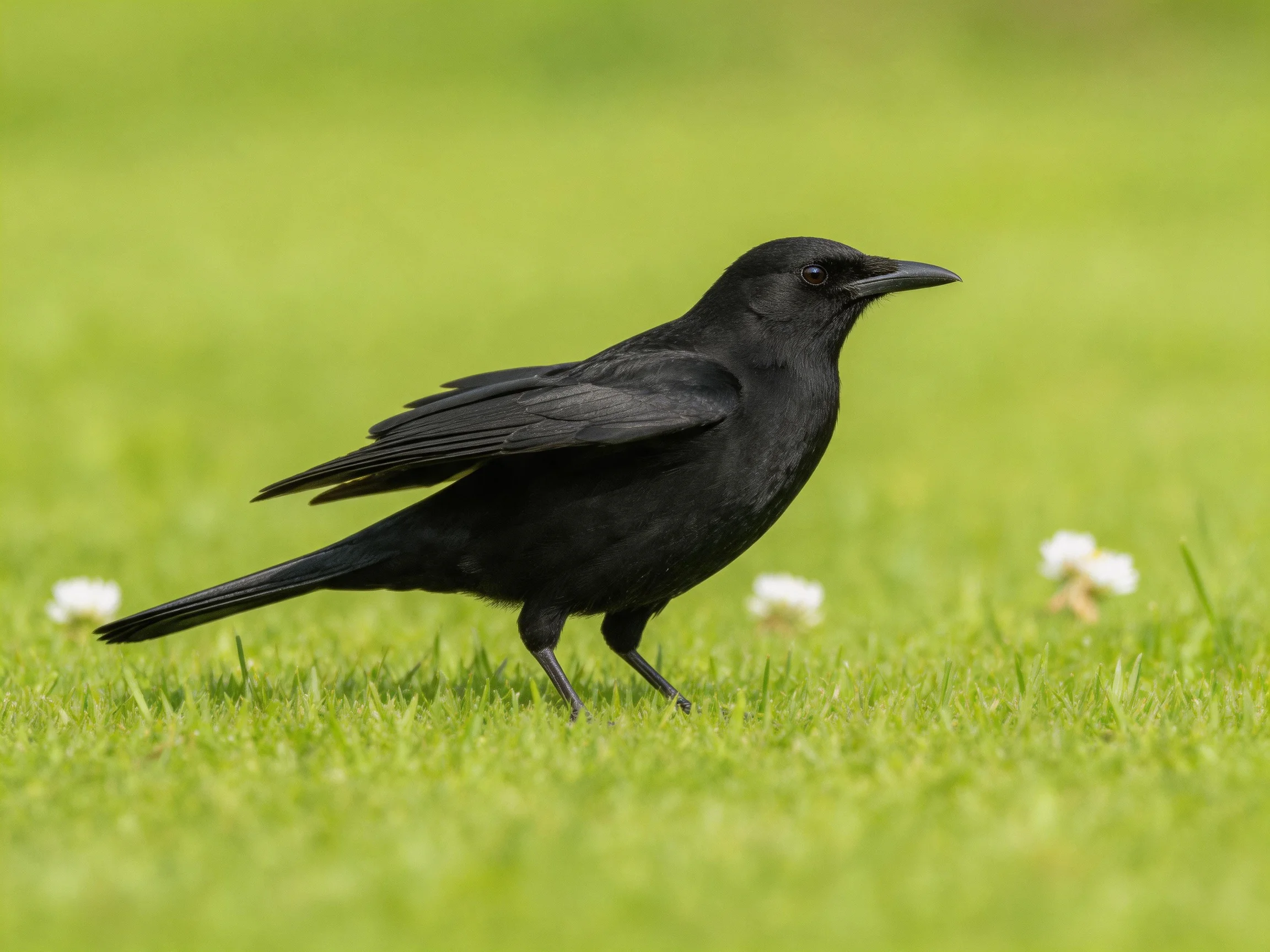 A black crow standing on lush green grass near small white flowers