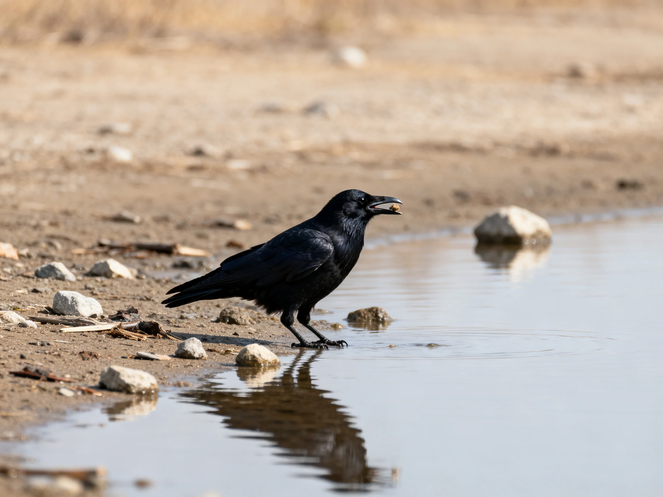 A black crow stands by calm water with scattered rocks