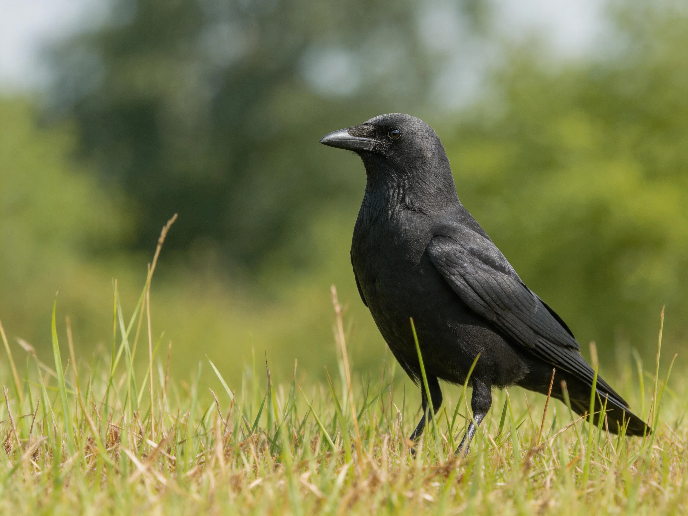 A black crow stands in tall green grass with blurred trees