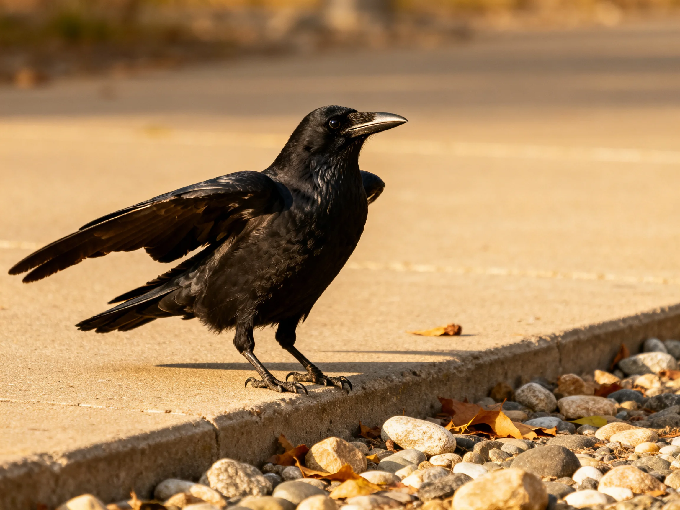 A black crow stands on a concrete edge with pebbles nearby