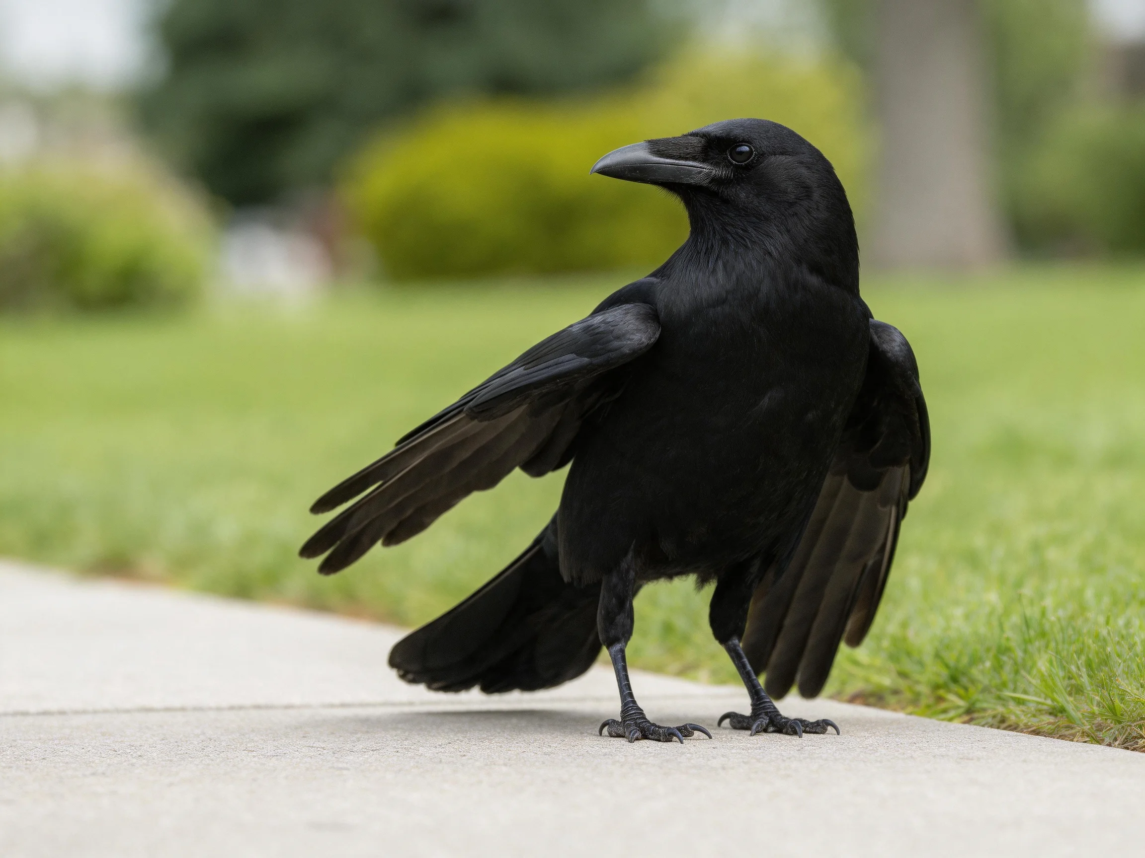 A black crow stands on a concrete path beside lush green grass