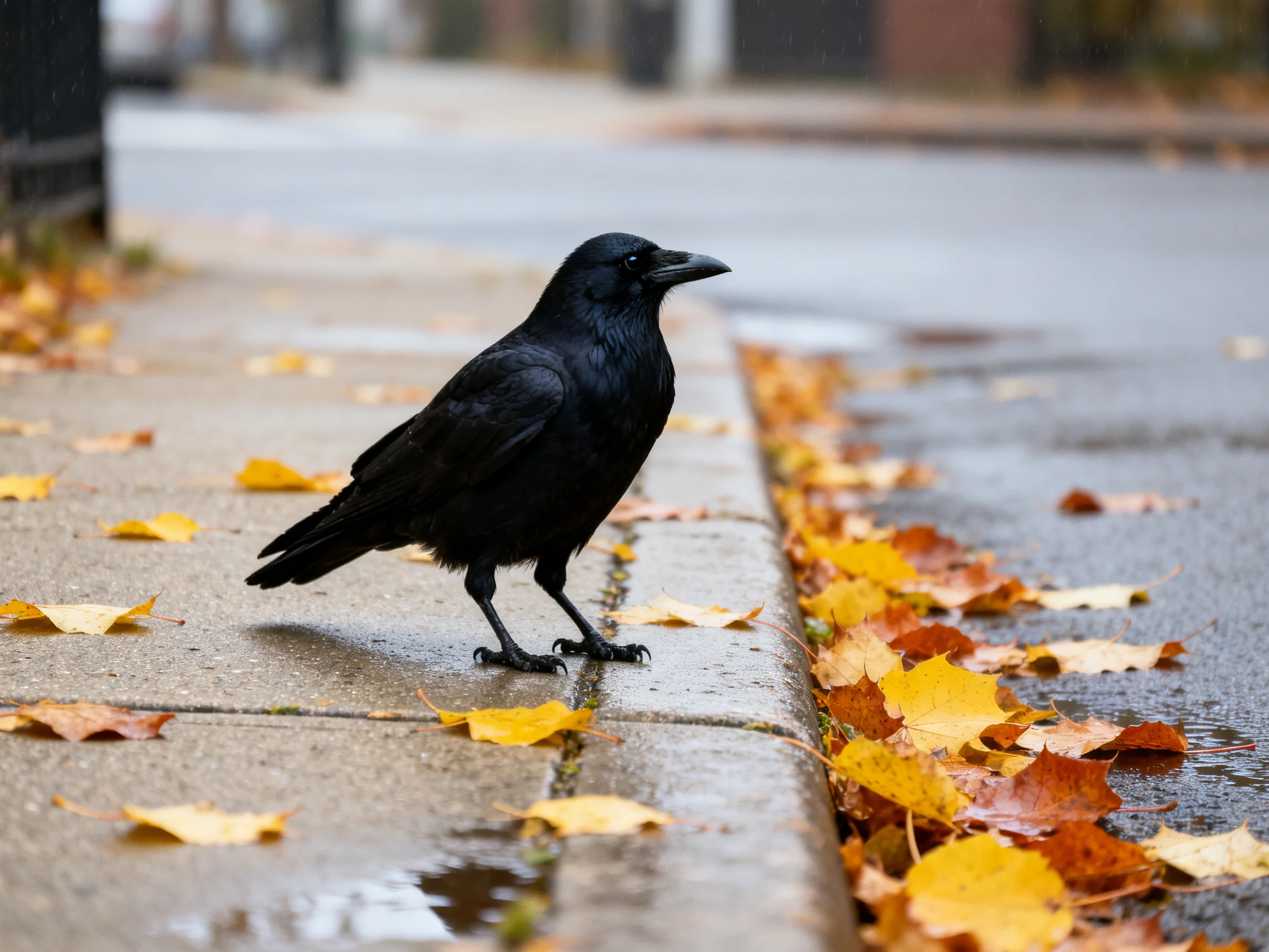 A black crow stands on a wet sidewalk amid autumn leaves