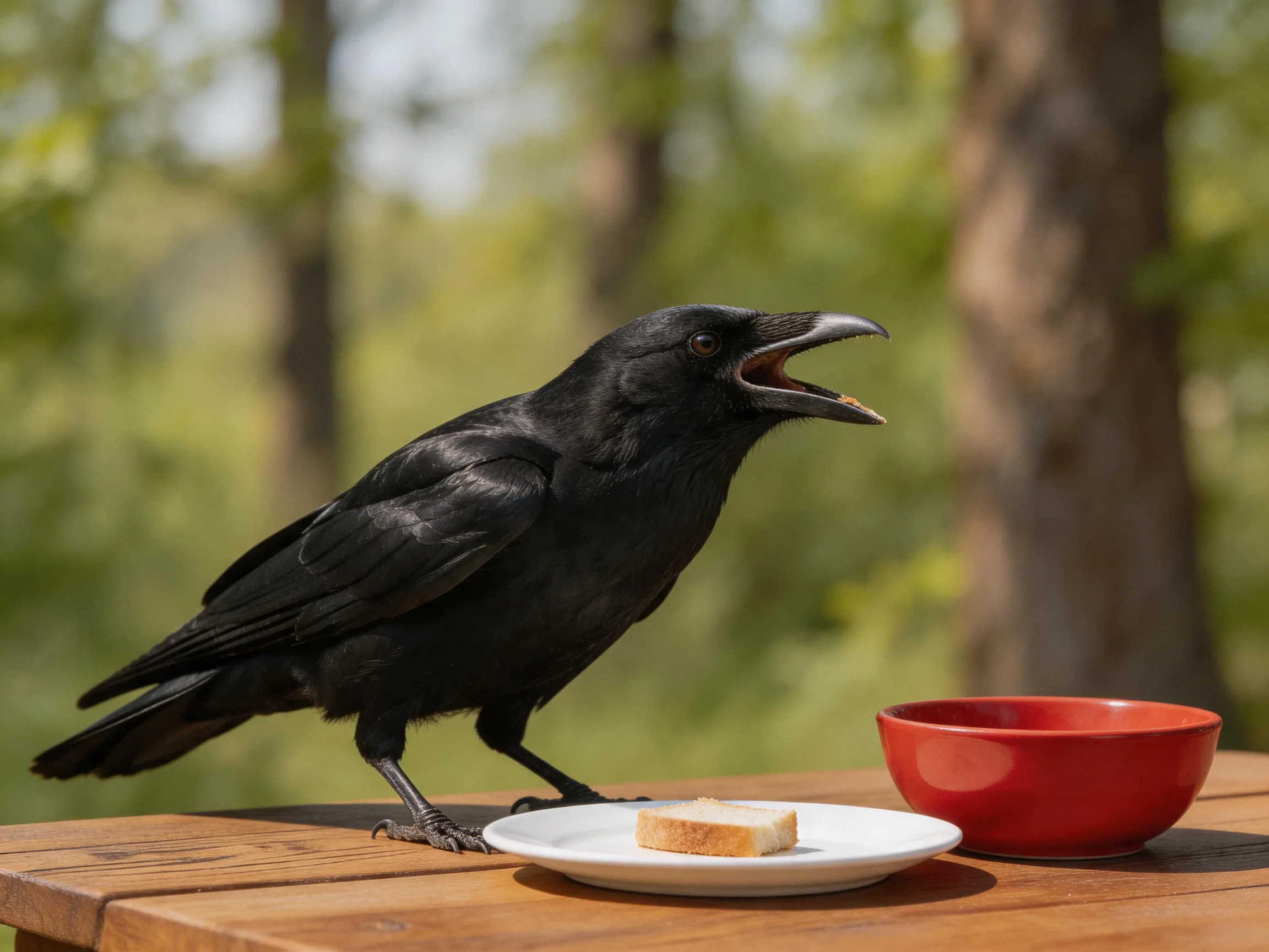 A black crow stands on a wooden table near a red bowl and white plate