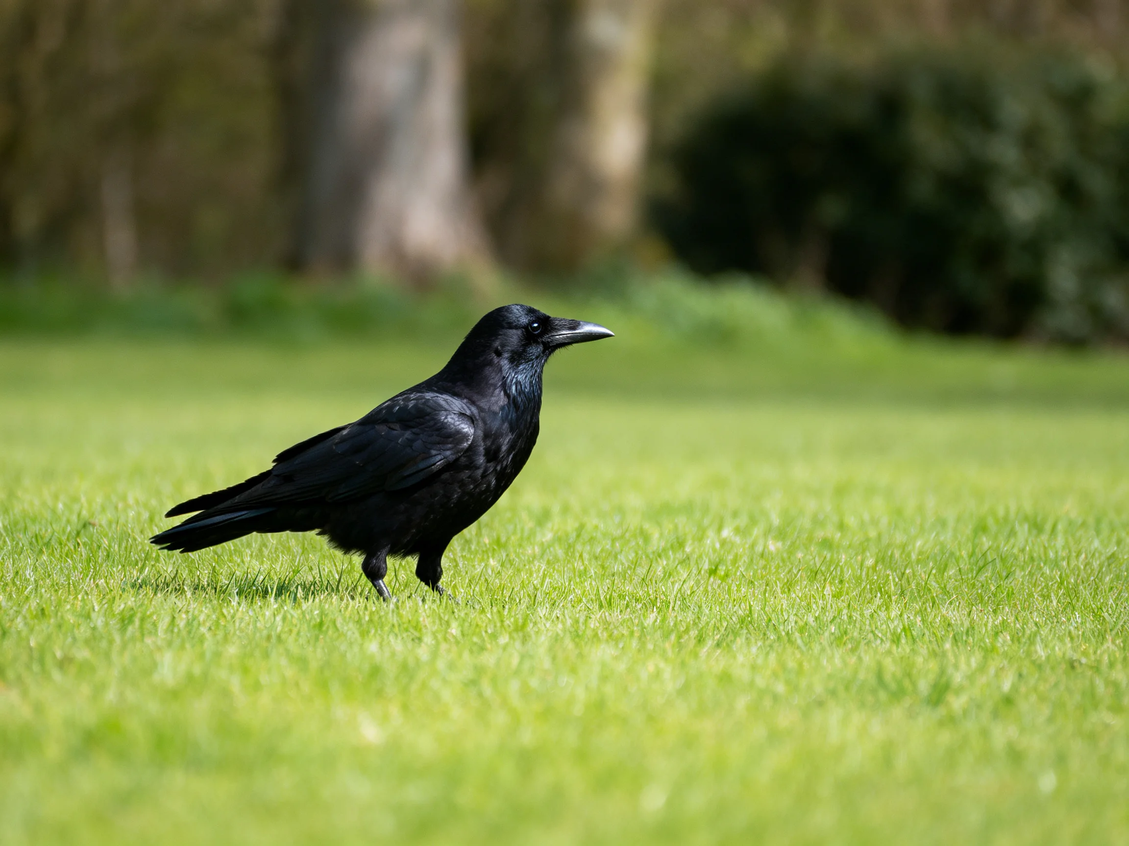 A black crow stands on lush green grass near trees